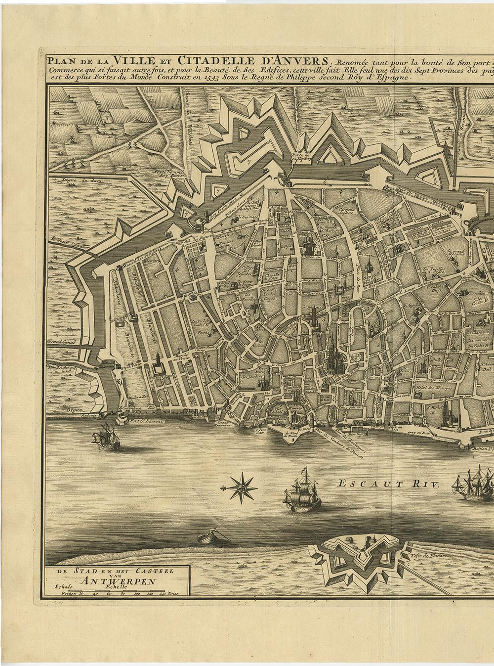 Papier Carte ancienne de la ville de Antwerpen en Belgique par A. Deur, 1729 en vente