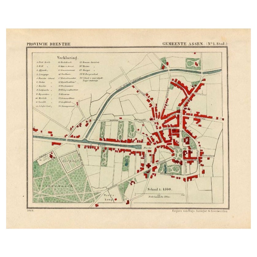 Mappa antica della città di Assen nei Paesi Bassi, 1865