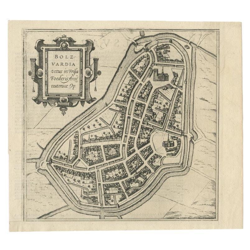 Carte ancienne de la ville de Bolsward, Friesland aux Pays-Bas, vers 1598