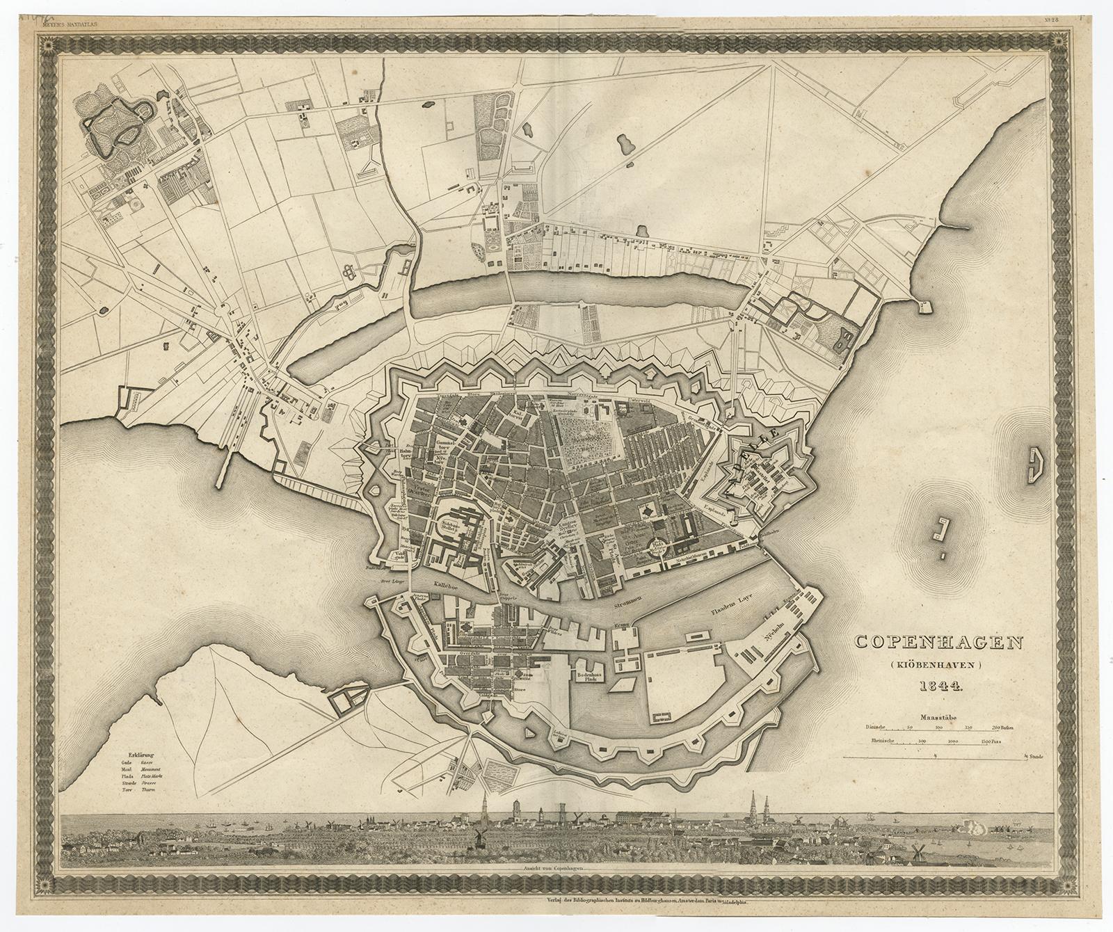 Antique map titled 'Copenhagen (Kiöbenhaven)'. With city view and German explanation. Originates from Meyer's Handatlas.
