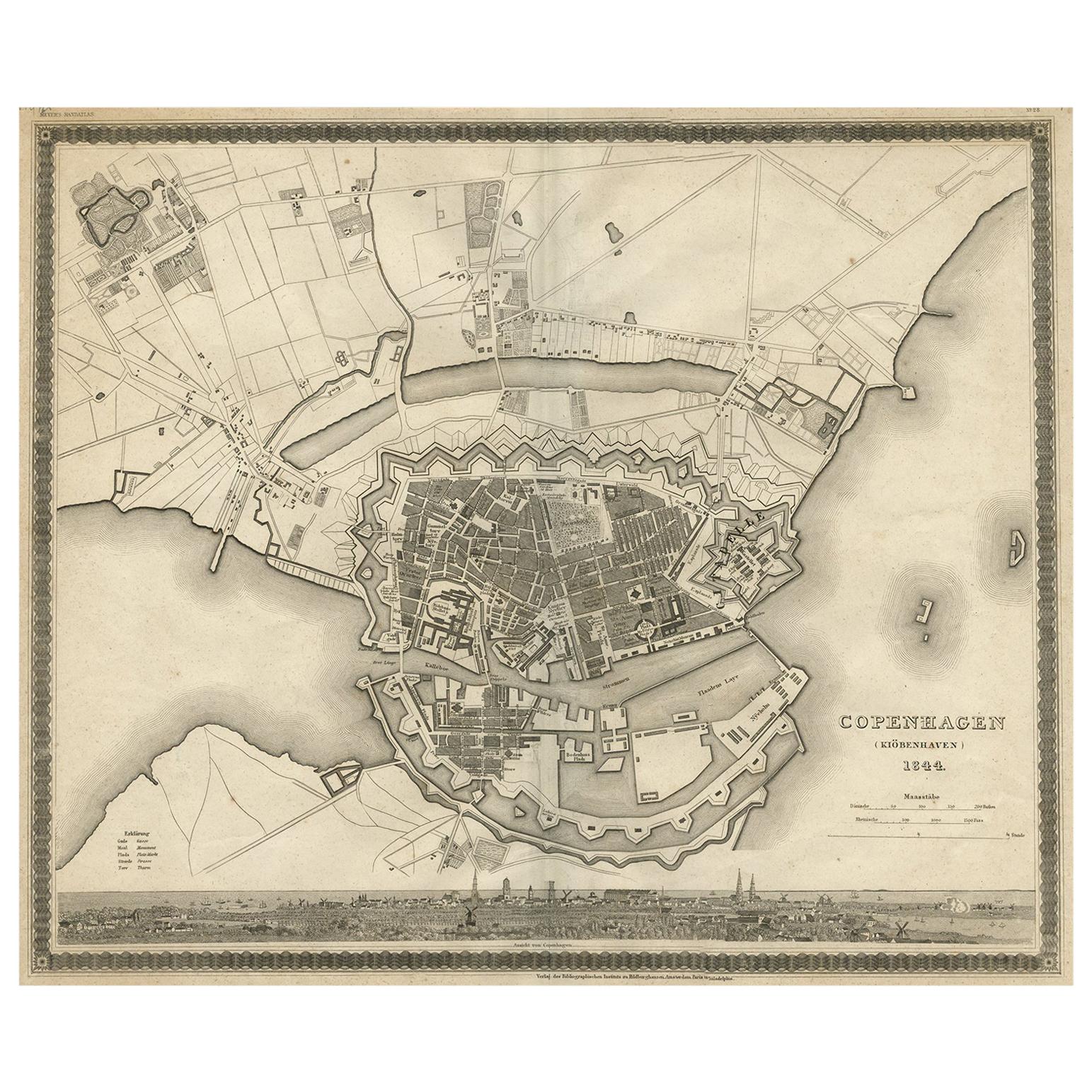 Antike Karte der Kopenhagener Stadt Kopenhagen „Denmark“ von J. Meyer, 1844