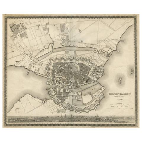 Copenhagen (Kiöbenhaven) Map with City View – Antique German Atlas Print, 1844