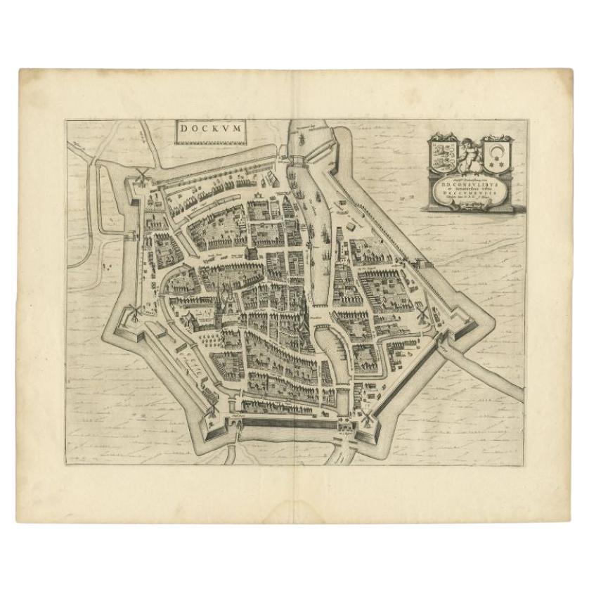 Antique Map of the City of Dokkum by Blaeu, c.1650 For Sale