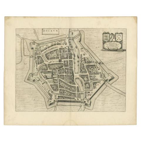 Antique Map of the City of Dokkum by Blaeu, c.1650
