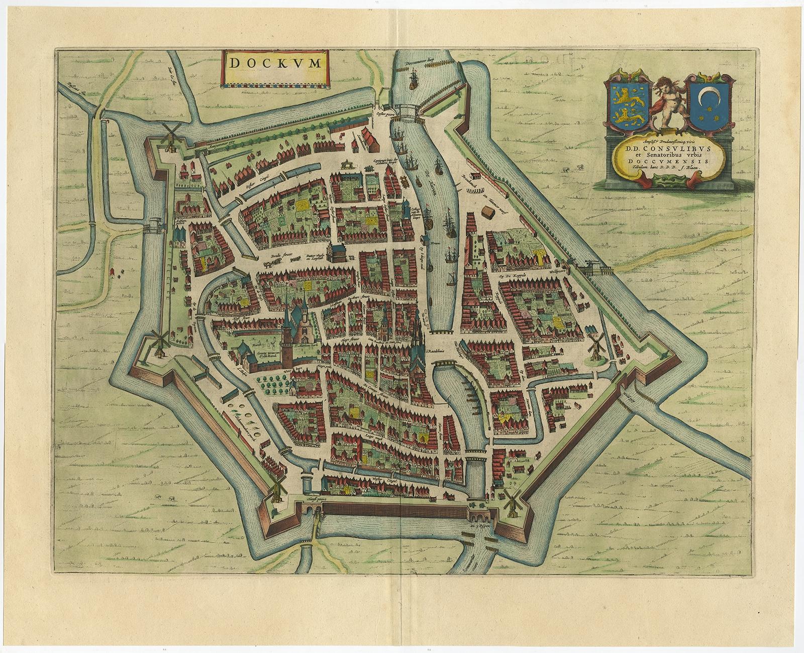 Paper Antique Map of the City of Dokkum, Friesland by Blaeu, c.1650 For Sale
