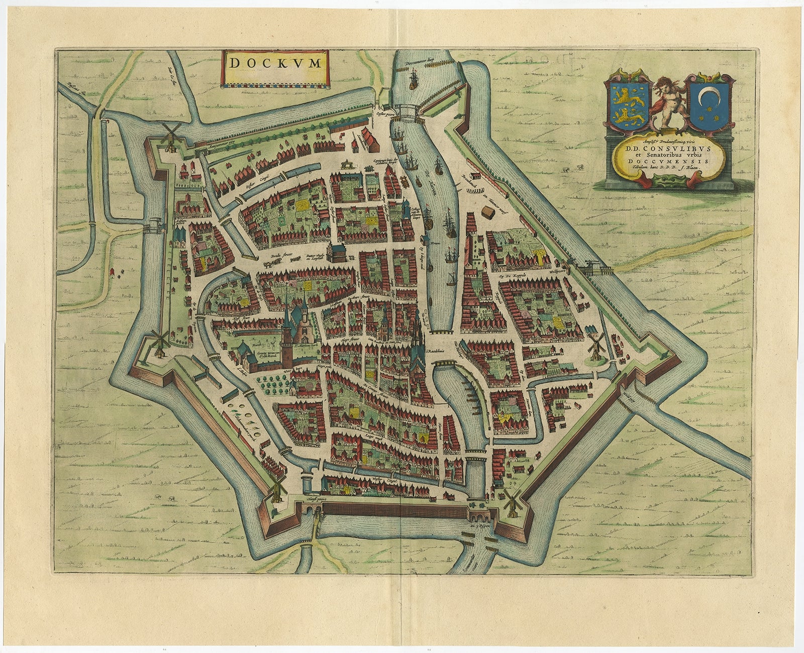 Carte ancienne de la ville de Dokkum, Friesland, par Blaeu, vers 1650