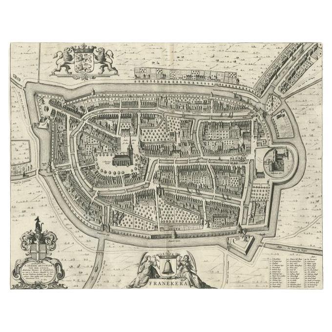 Antique map titled 'Franekera'. Old map of the city of Franeker, Friesland. Also shows two cartouches, coats of arms and legend. This map originates from a Latin edition of the town atlas 'Toneel der Steden', published by Joan Blaeu, Amsterdam: