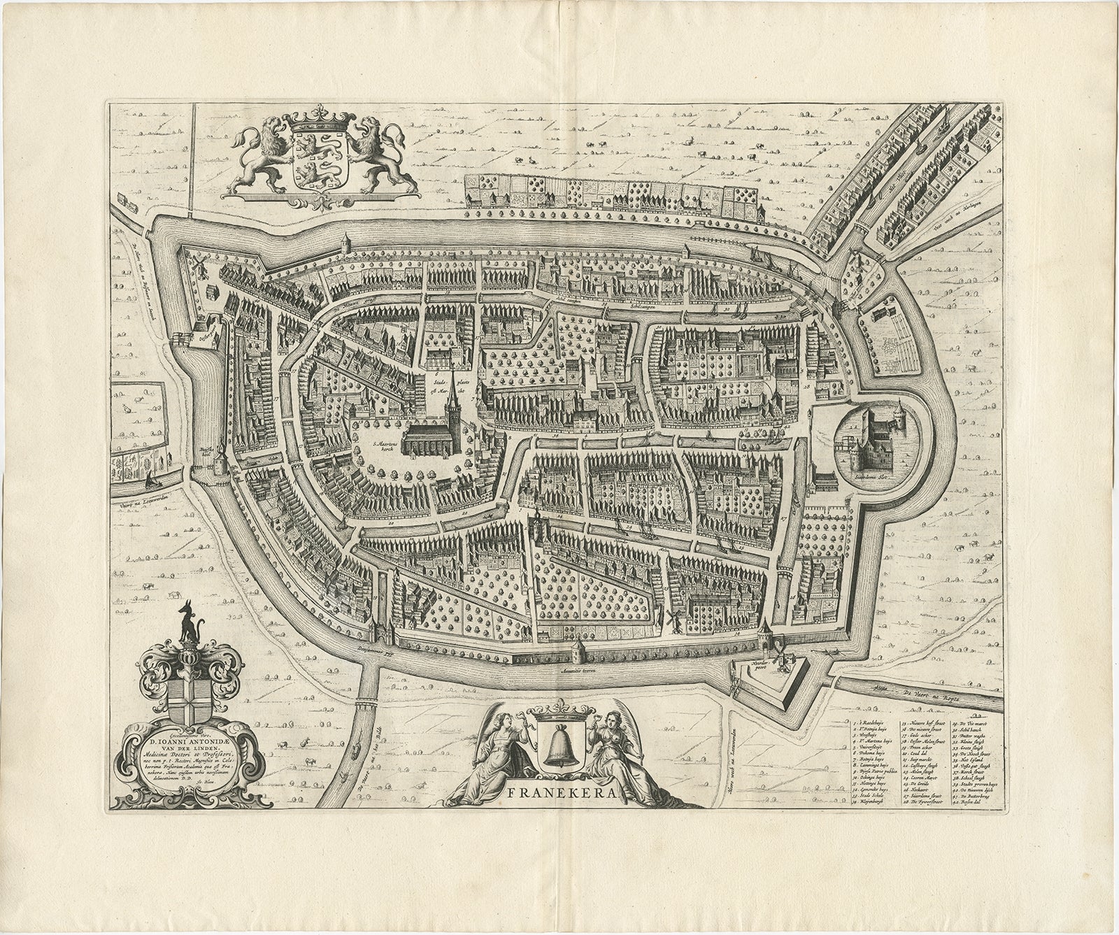 Antique Map of the City of Franeker by Blaeu, 1652 For Sale