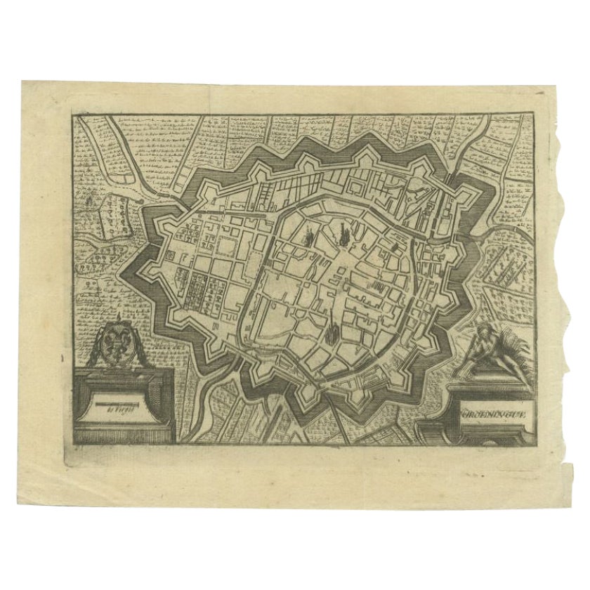 Carte ancienne de la ville de Groningen réalisée d'après Harrewijn, vers 1750