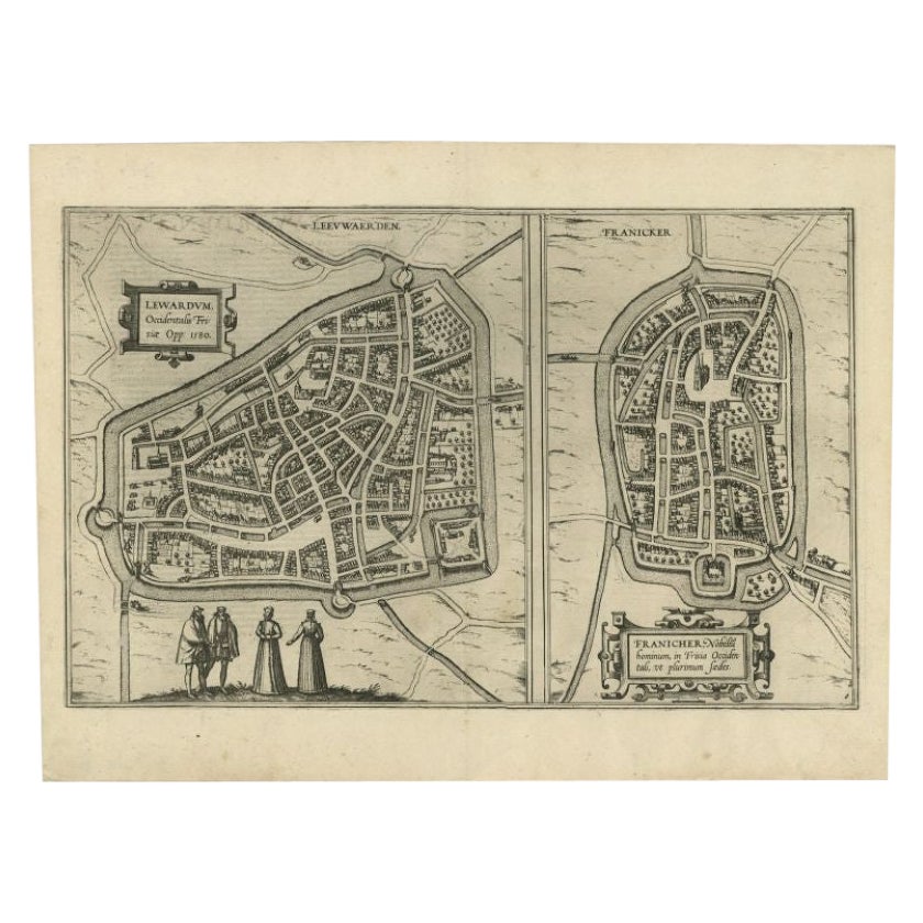 Carte ancienne de la ville de Leeuwarden et de Franeker par Braun & Hogenberg, 1580