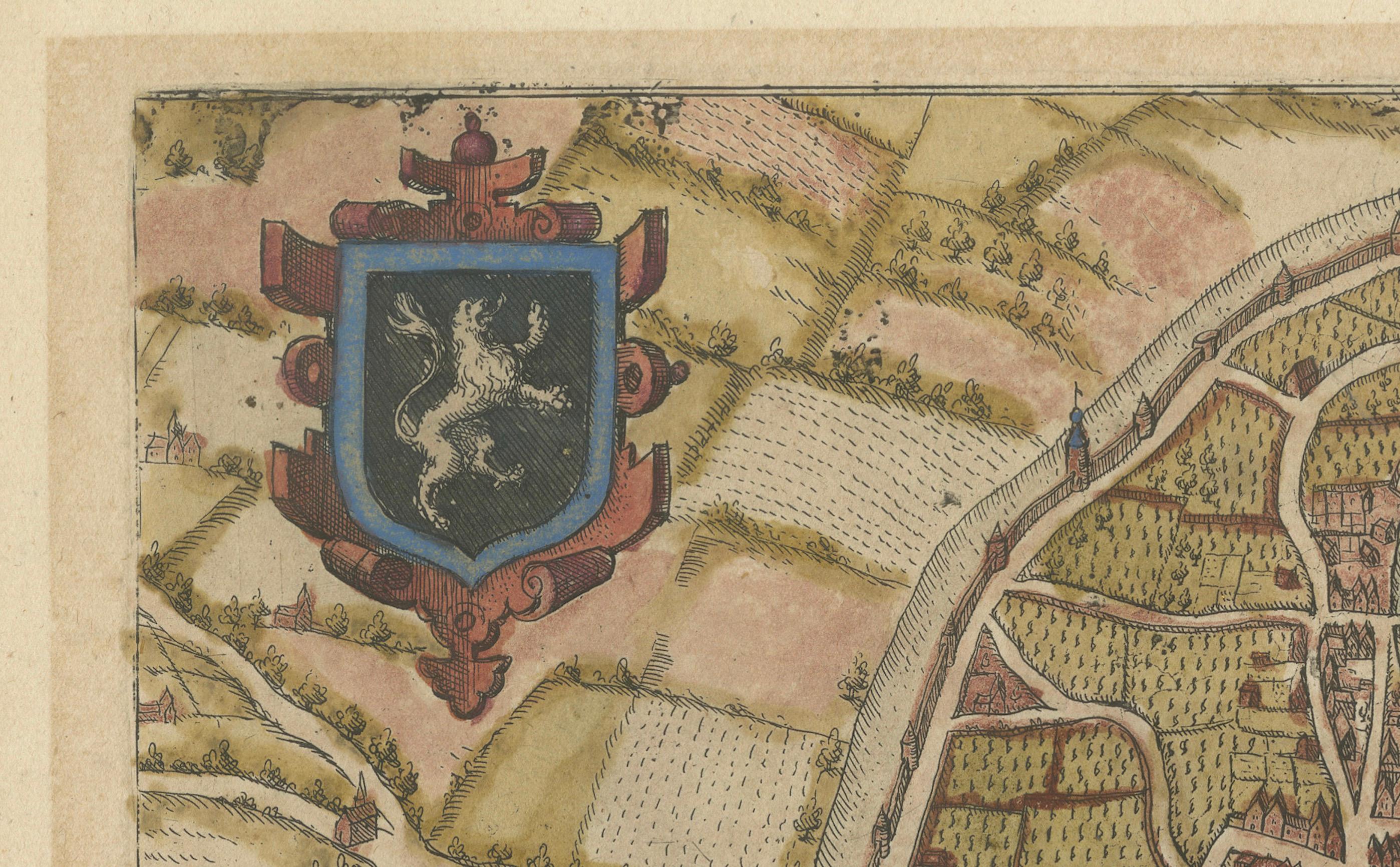 Antique Map of the City of Leuven, Belgium, with Original Coloring, 1609 In Fair Condition For Sale In Langweer, NL