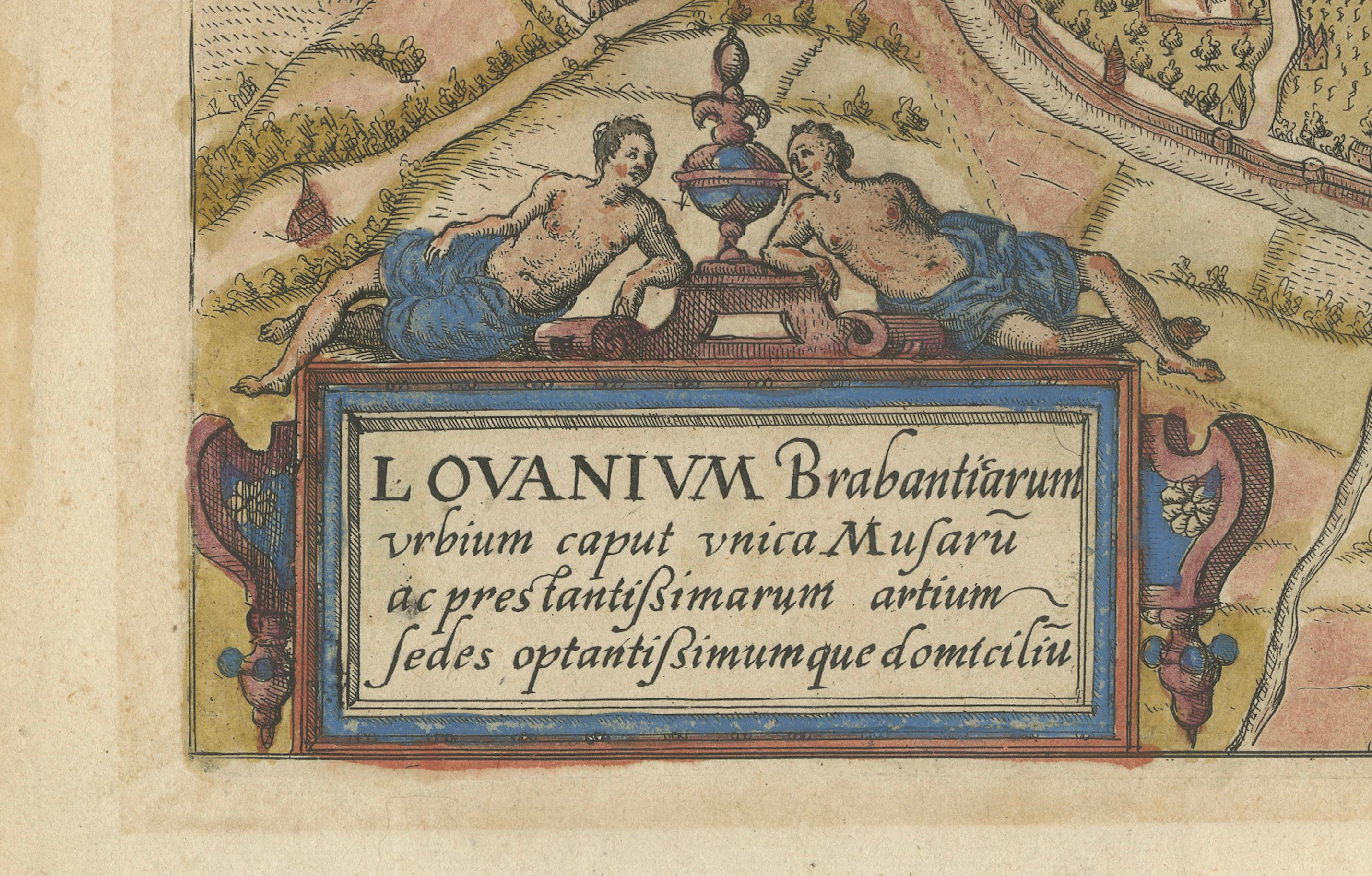 Papier Carte ancienne de la ville de Leuven, Belgique, avec coloration originale, 1609 en vente
