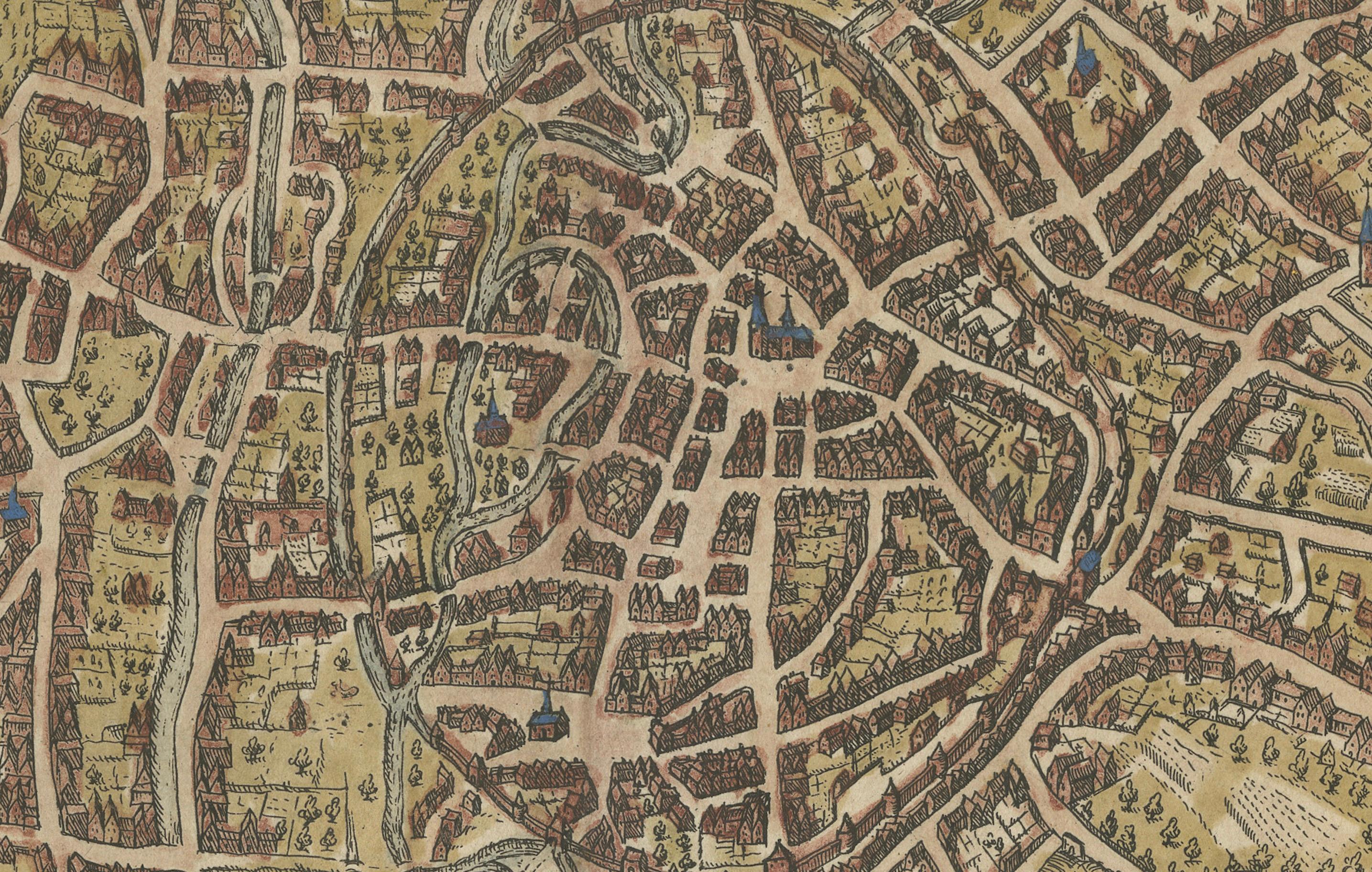 Antique Map of the City of Leuven, Belgium, with Original Coloring, 1609 For Sale 1