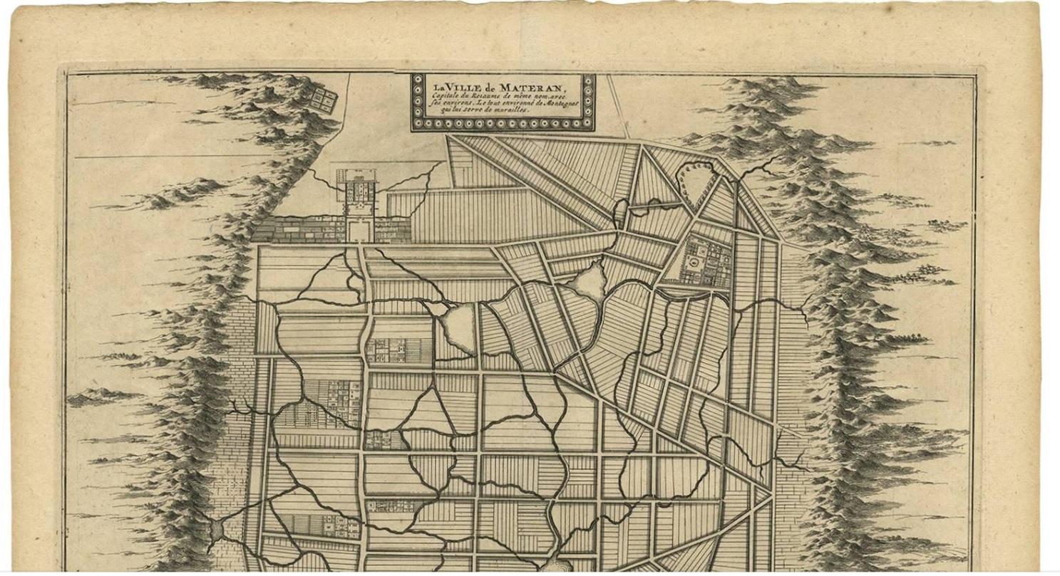 Carte ancienne de la ville de Materan (Indonésie) par P. van der Aa, vers 1725 Bon état - En vente à Langweer, NL