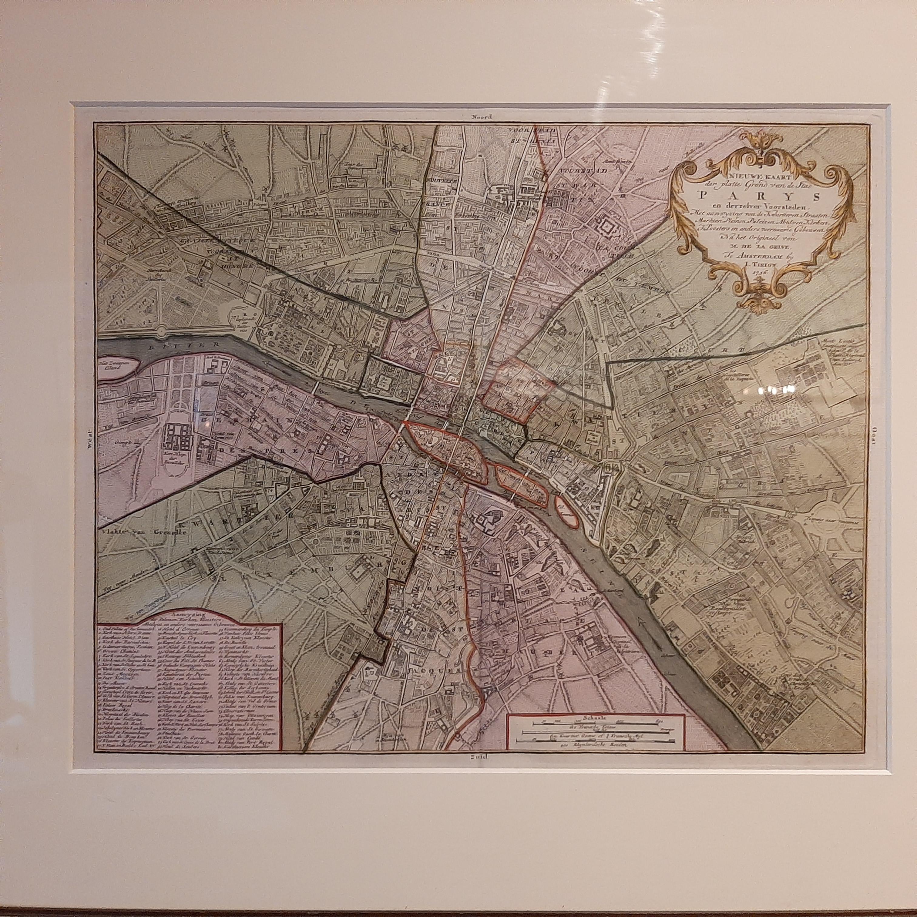 Antique map titled 'Nieuwe Kaart der platte Grond van de Stad Parys (..)'. Beautiful city plan of Paris, France. This map originates from 'Nieuwe en Beknopte Hand-Atlas, bestaande in eene Verzameling van eenige der algemeenste en nodigste