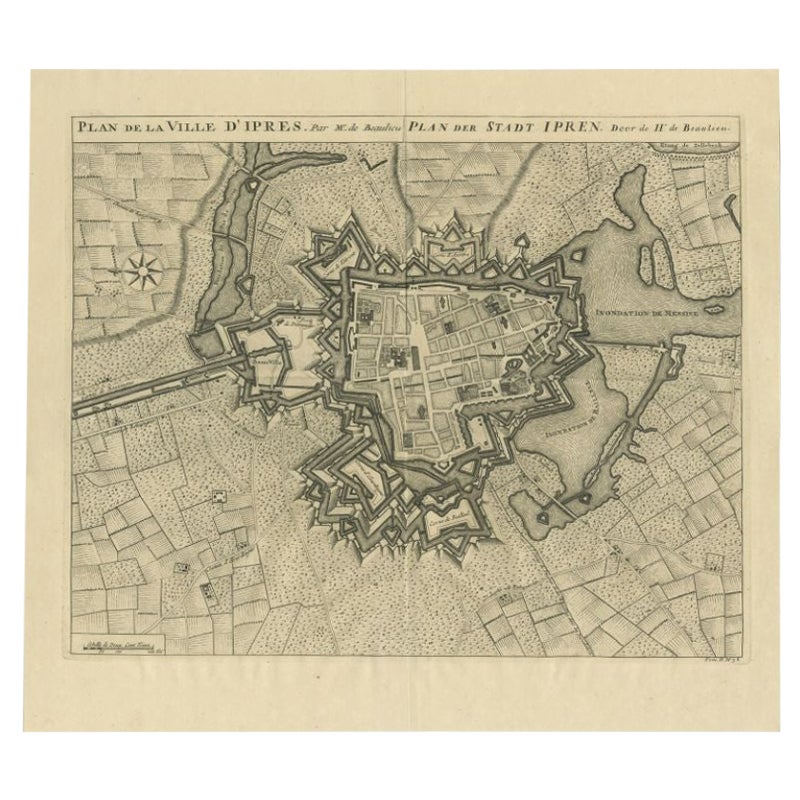 Carte ancienne de la ville d'Ypres par Beaulieu, 1729 en vente
