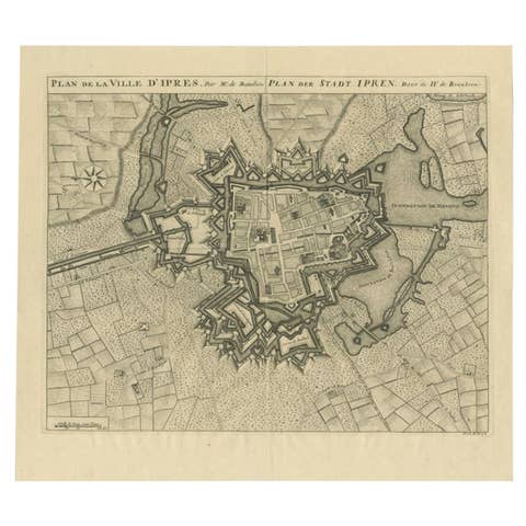 Antique Map of the City of Ypres by Beaulieu, 1729