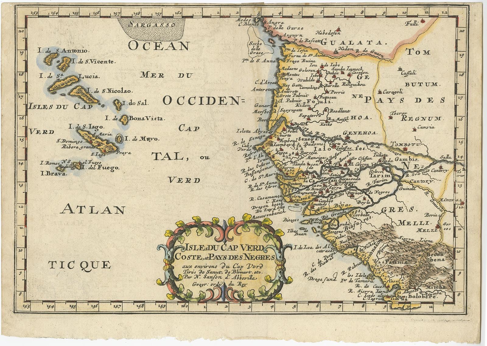 Antique map Africa titled 'Isles du Cap Verd Coste et Pays des Negres'. 

Antique map of the coast of Africa and the Cape Verde islands. 

Artists and Engravers: Nicholas Sanson d'Abbeville (1600 - 1667) and his descendents were important French