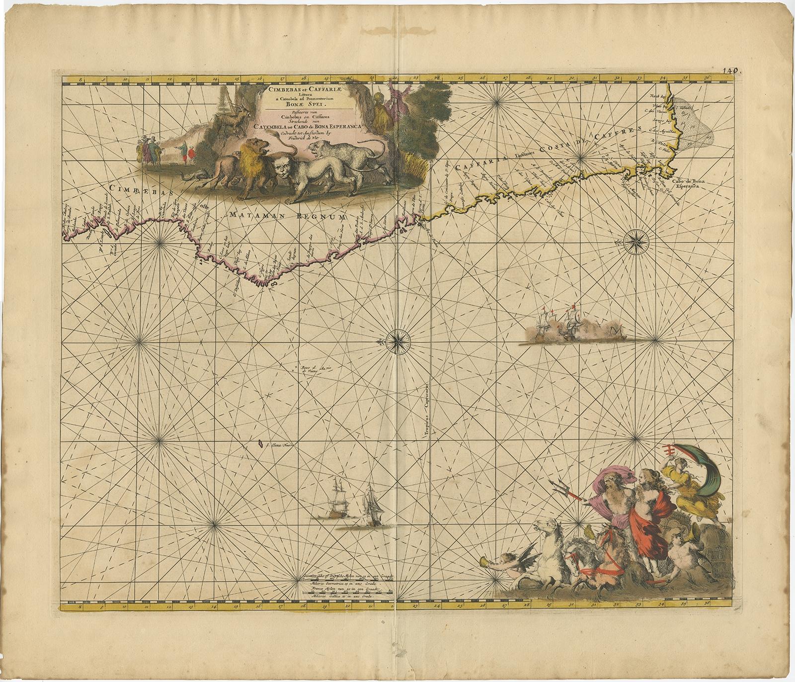 Antique map titled 'Cimbebas et Caffariae Littora a Catenbela ad Promontorium Bonae Spei'. 

This map depicts the coast of Angola, South-West Africa and South Africa up to Port Elizabeth. The southwestern coastline is covered including the Cape of