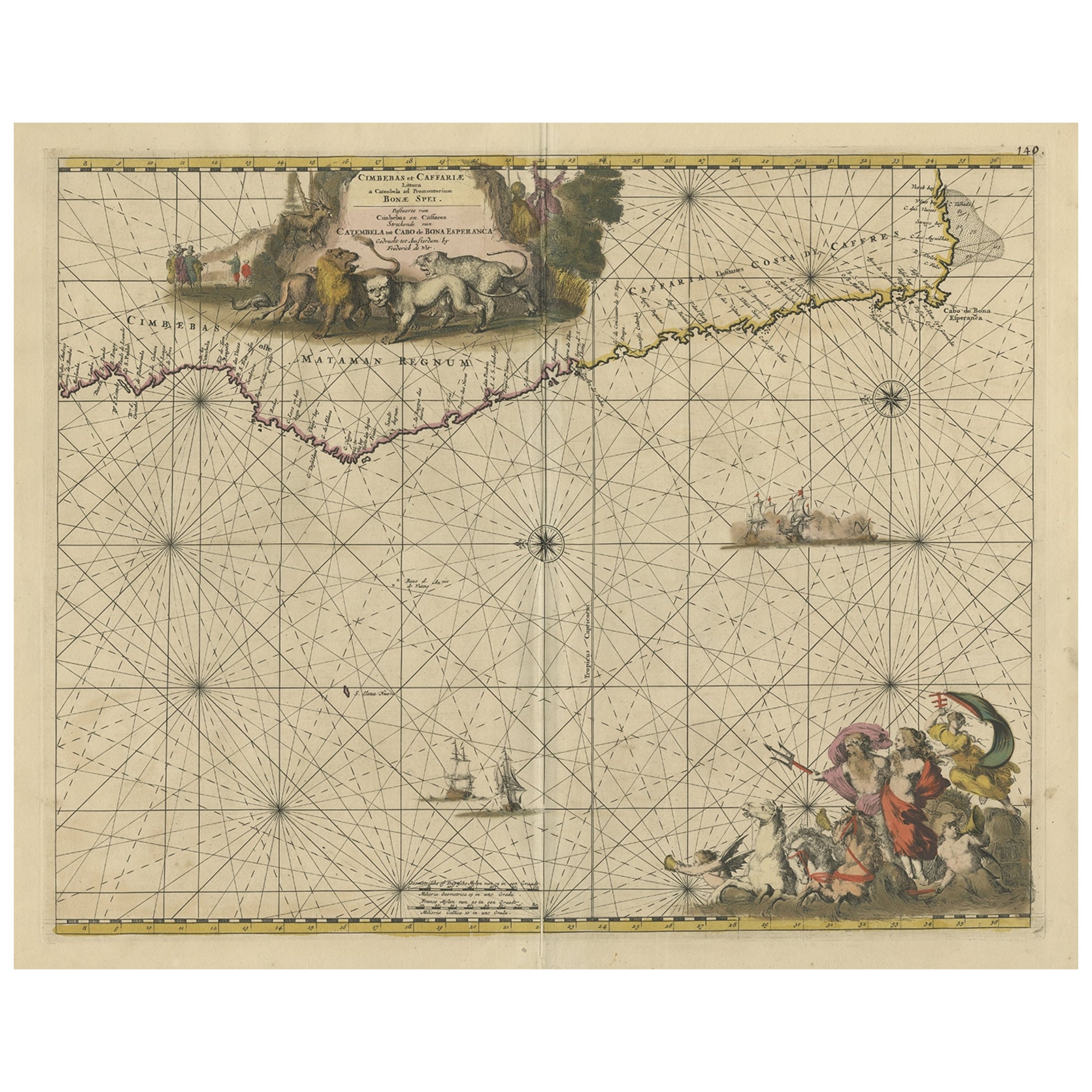 Carte ancienne de la côte de l'Angleterre jusqu'à Port Elizabeth en Afrique du Sud, 1675