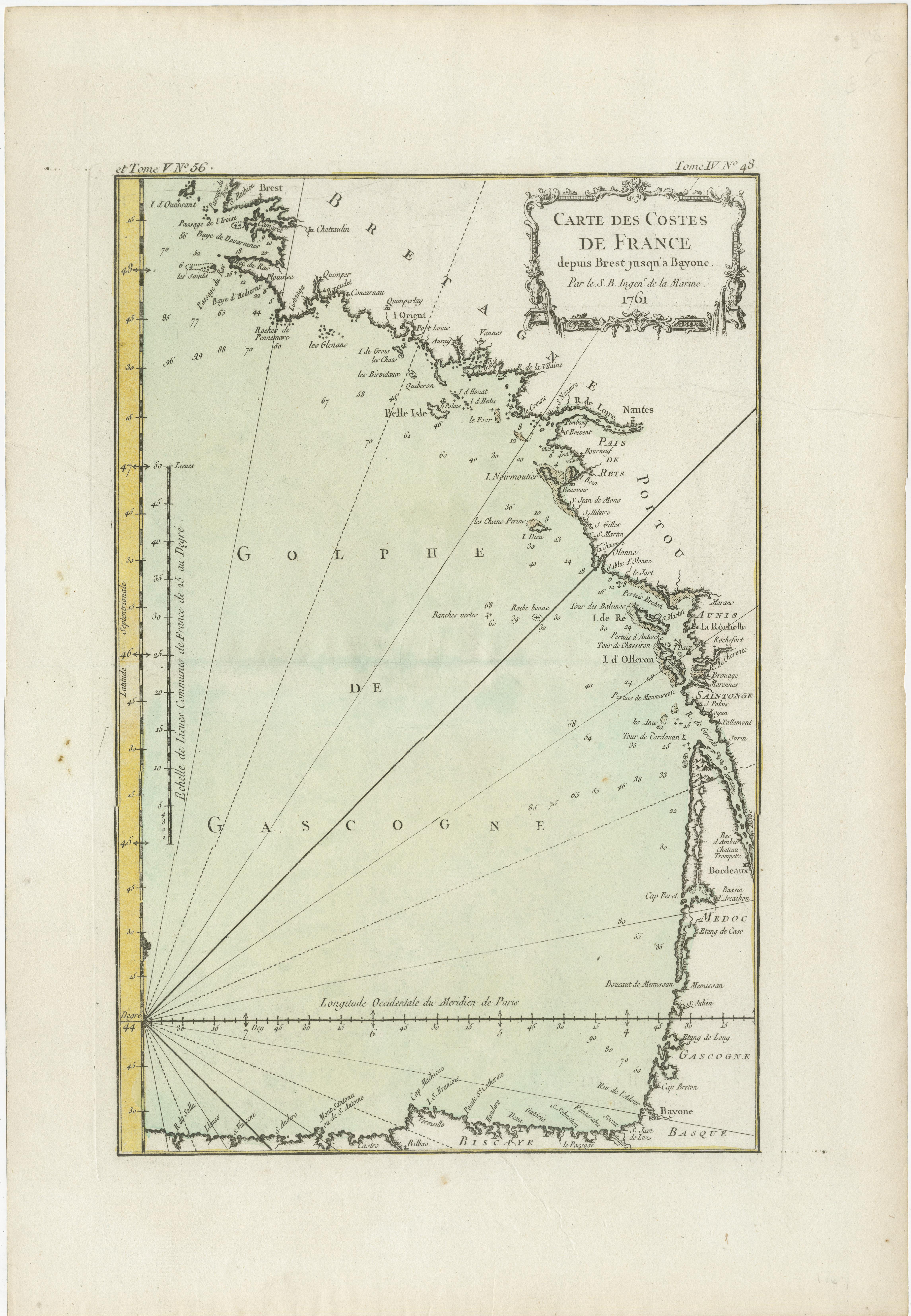 Antique map titled 'Carte des Costes de France depuis Brest jusquá Bayone'. Original old map of the coast of France between Brest and Bayonne. This map originates from 'Le Petit Atlas Maritime Recueil De Cartes et Plans Des Quatre Parties Du Monde