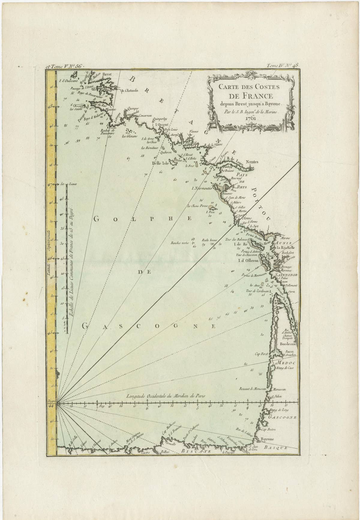 Antique Map of the Coast of France Between Brest and Bayonne