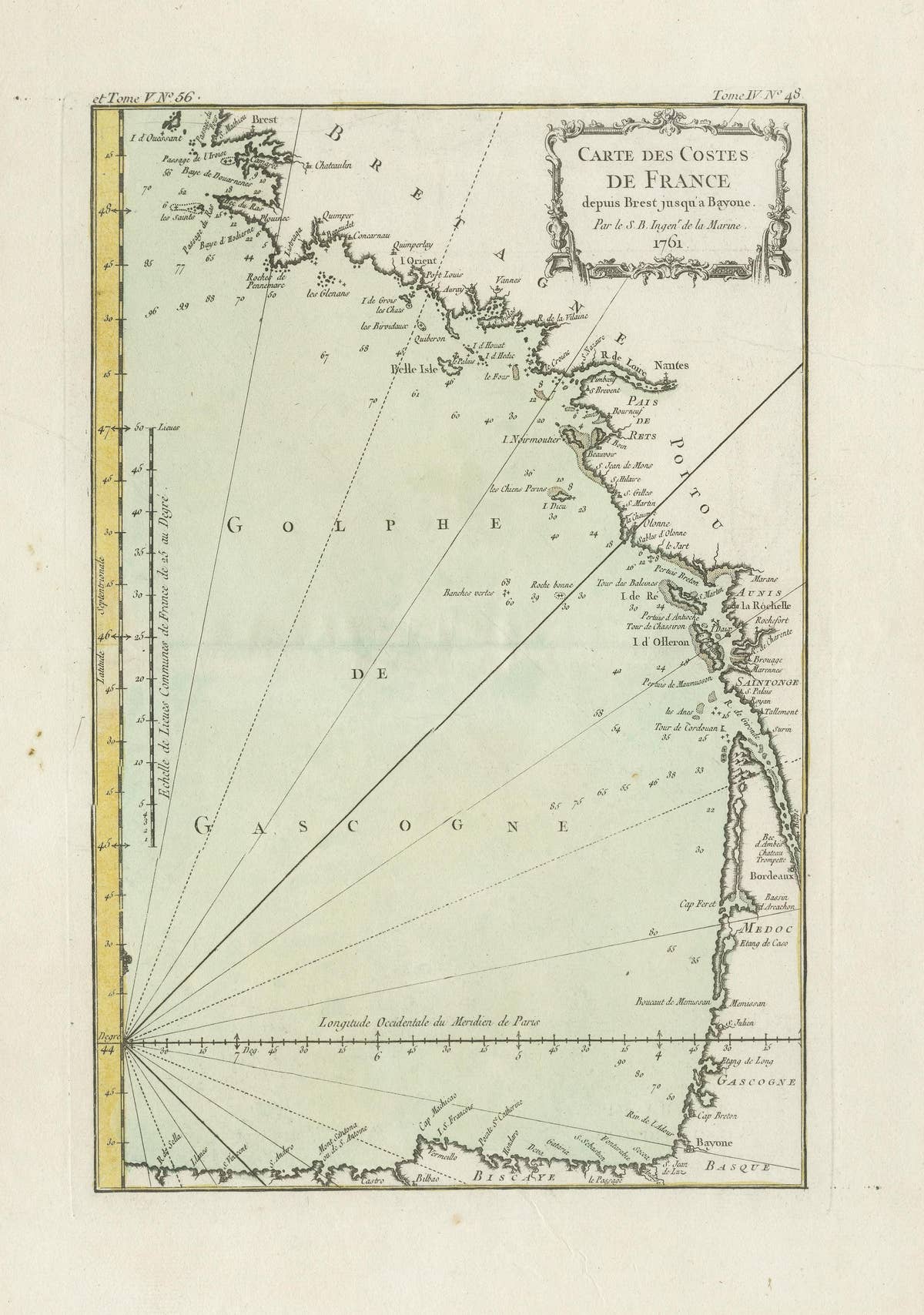 Antique Map of the Coast of France Between Brest and Bayonne
