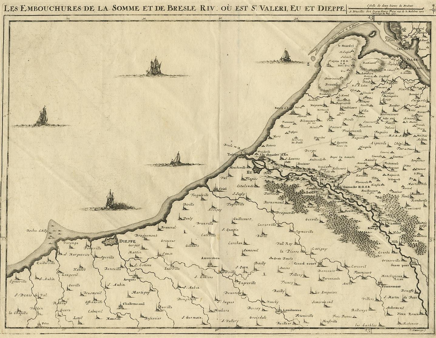 Antique map titled 'Les Embouchures de la Somme et de Bresle'. 

Map of the coast of Northern France showing the estuaries of the Somme and the Bresle. This map is part of a serie of maps that, together, show a very large part of the Southern