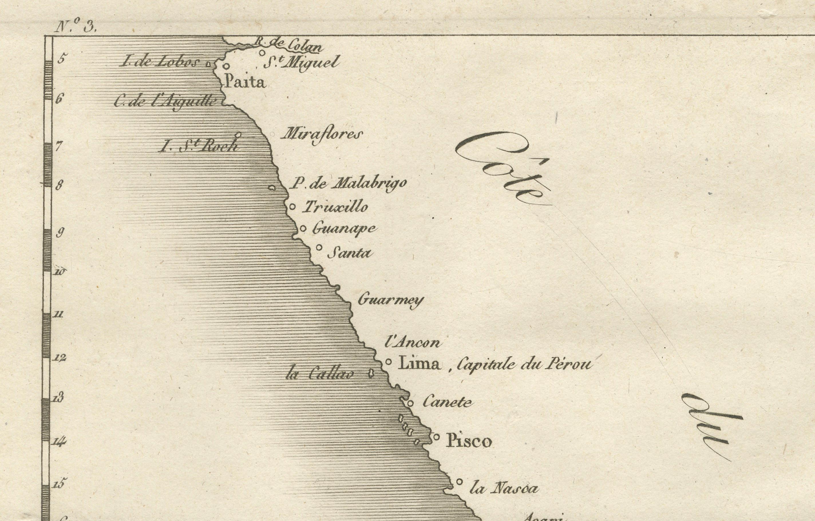 Français Carte ancienne de la côte du Pérou et du Chili - détaillant les ports et les côtes, vers 1760 en vente