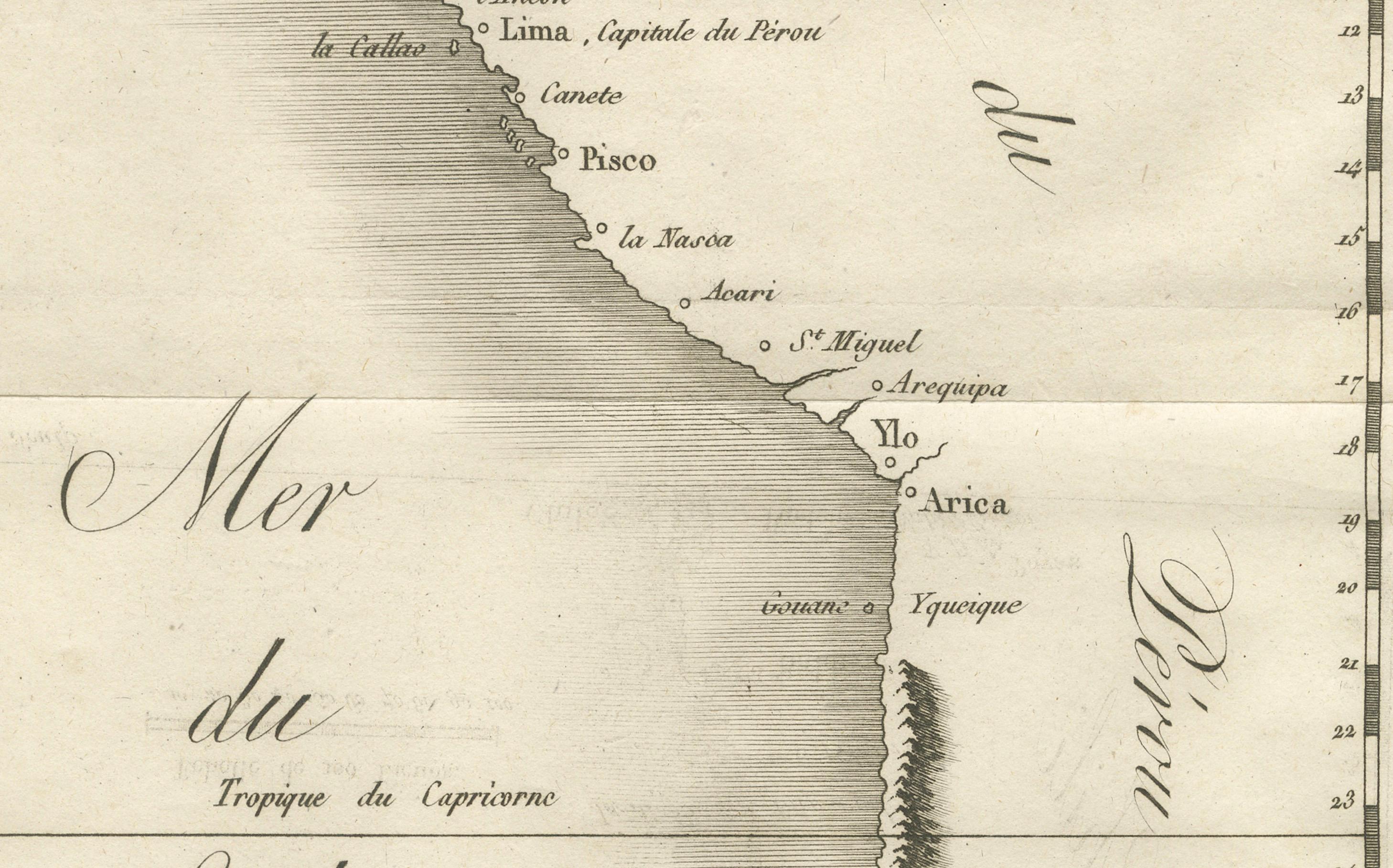 Gravé Carte ancienne de la côte du Pérou et du Chili - détaillant les ports et les côtes, vers 1760 en vente