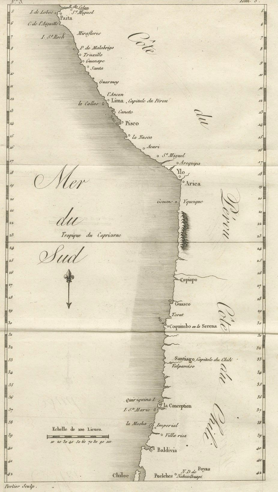 Carte ancienne de la côte du Pérou et du Chili - détaillant les ports et les côtes, vers 1760 Bon état - En vente à Langweer, NL