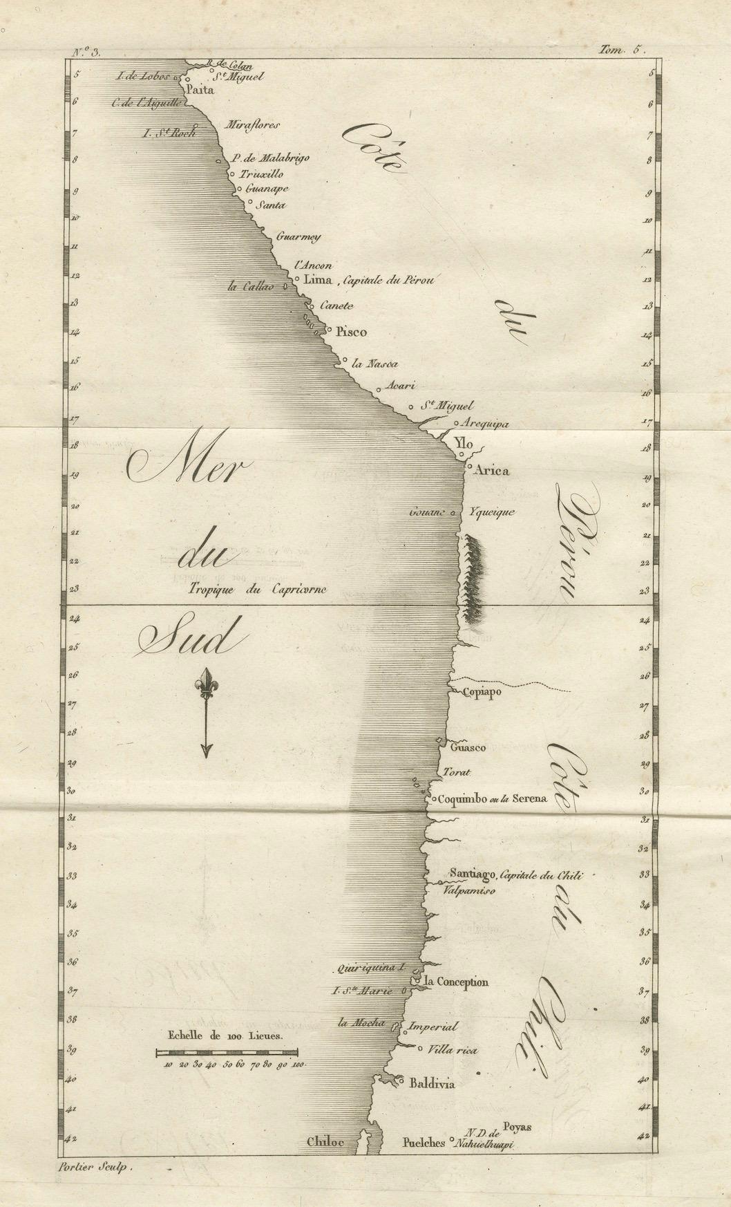 Carte ancienne de la côte du Pérou et du Chili - détaillant les ports et les côtes, vers 1760 en vente 1