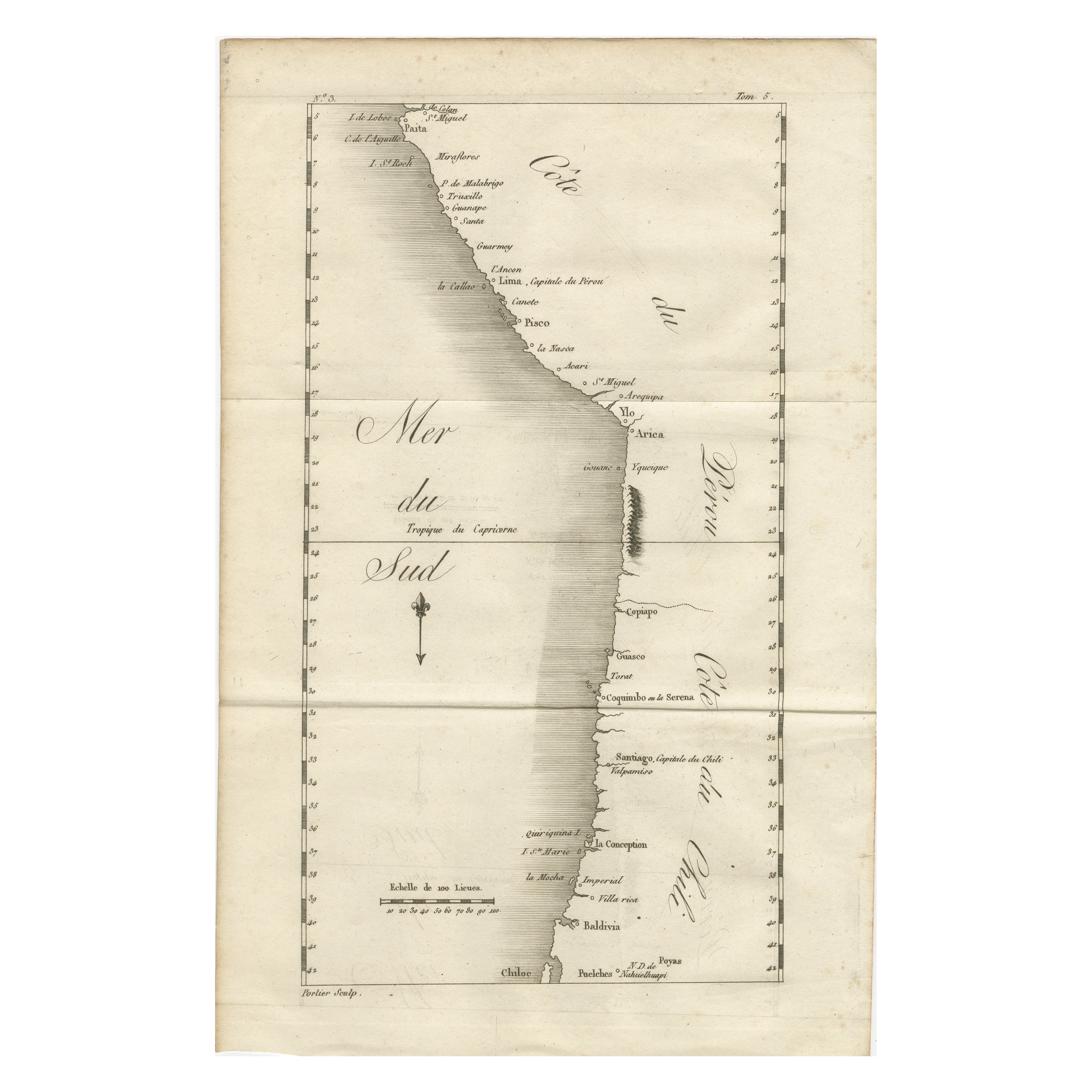 Carta antica della costa del Perù e del Cile - Dettaglio dei porti e delle linee costiere, c1760