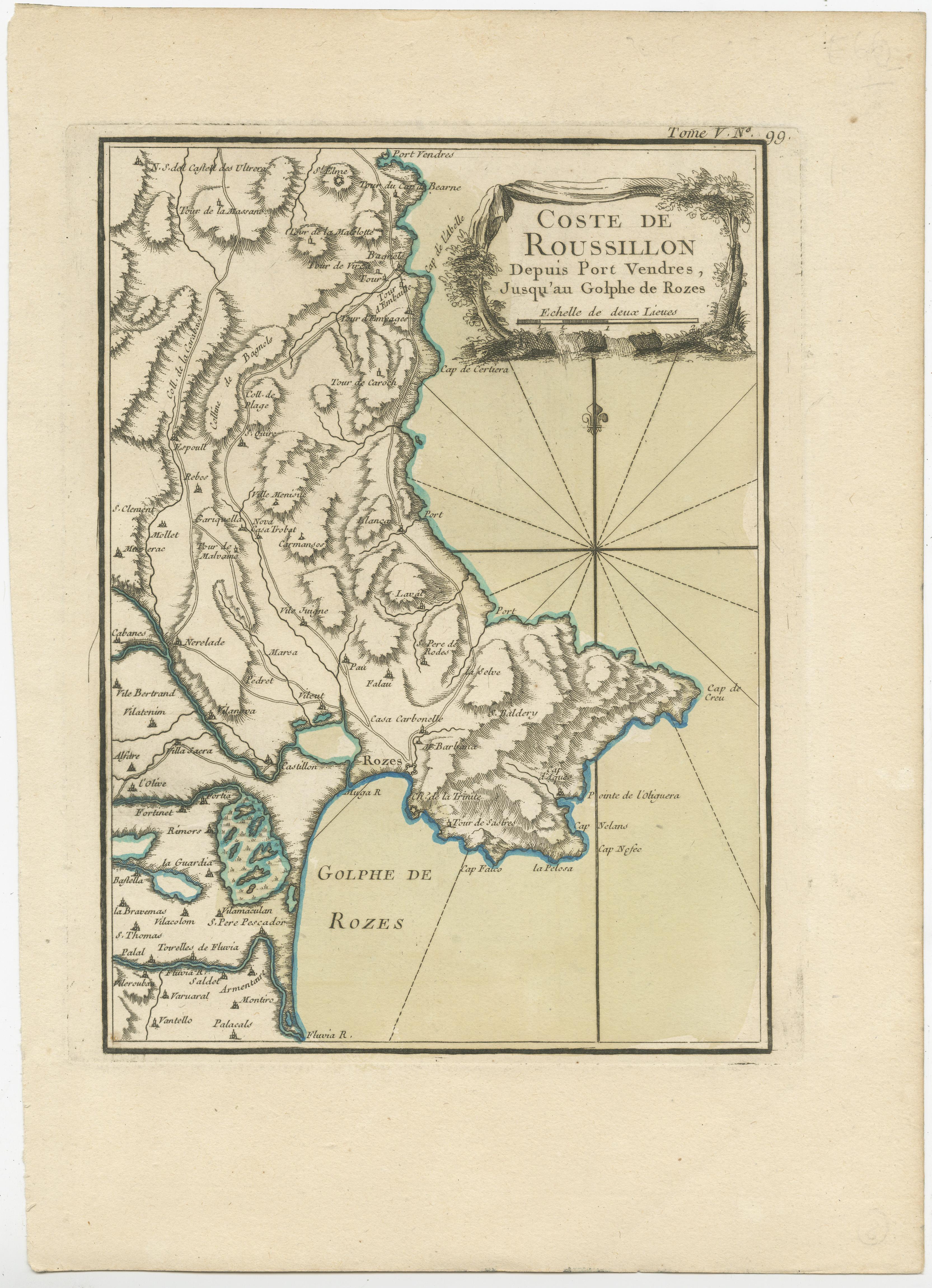 Carte ancienne intitulée 'Coste de Roussillon depuis Port Vendres, jusqu'au golphe de Rozes'. Carte originale de la côte du Roussillon, France. Cette carte est tirée du Petit Atlas Maritime (...) de J.N. Bellin. Publié en 1764. 

Bellin était un