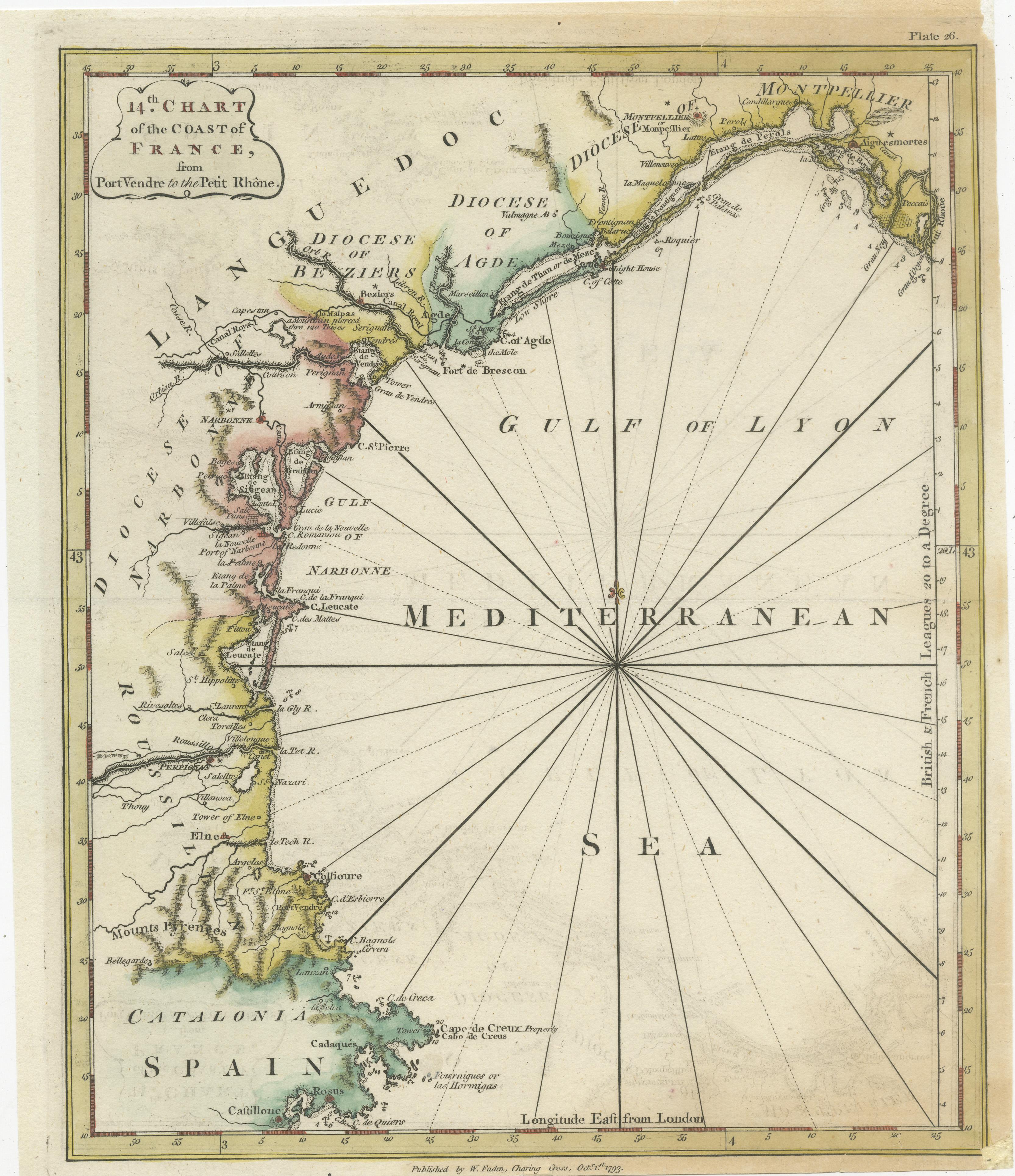 Antique map titled '14th Chart of the Coast of France, from Port Vendres to the Petit Rhône'. Original map with later hand coroling of the coast of Southern France. 

The 