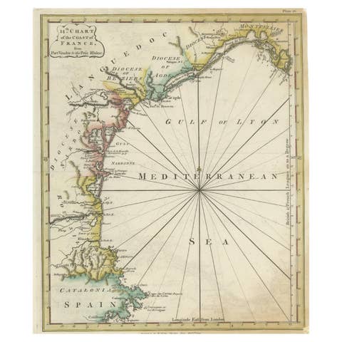 Antique Map of the Coast of Southern France, 1793