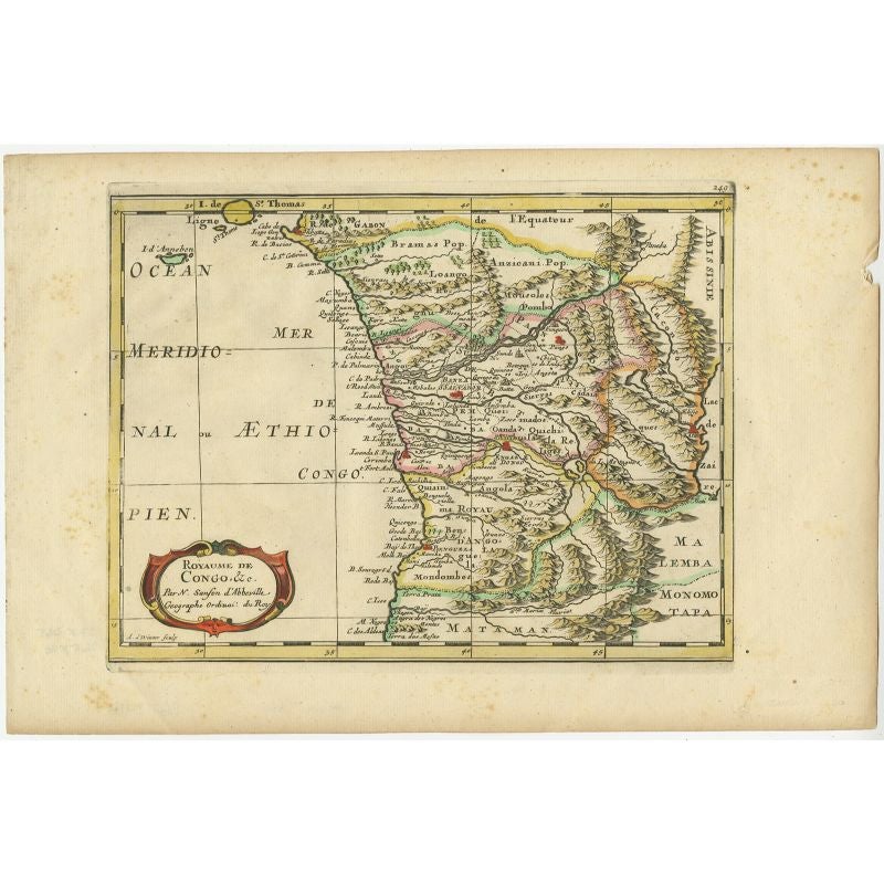 Antique map titled 'Royaume de Congo'. 

Map of Gabon, the Congo and Angola from Cape Lopez and Sao Tomé to approximately the border with present-day Namibia. The map is fully engraved with mountains, rivers, forests and trails and decorated with a