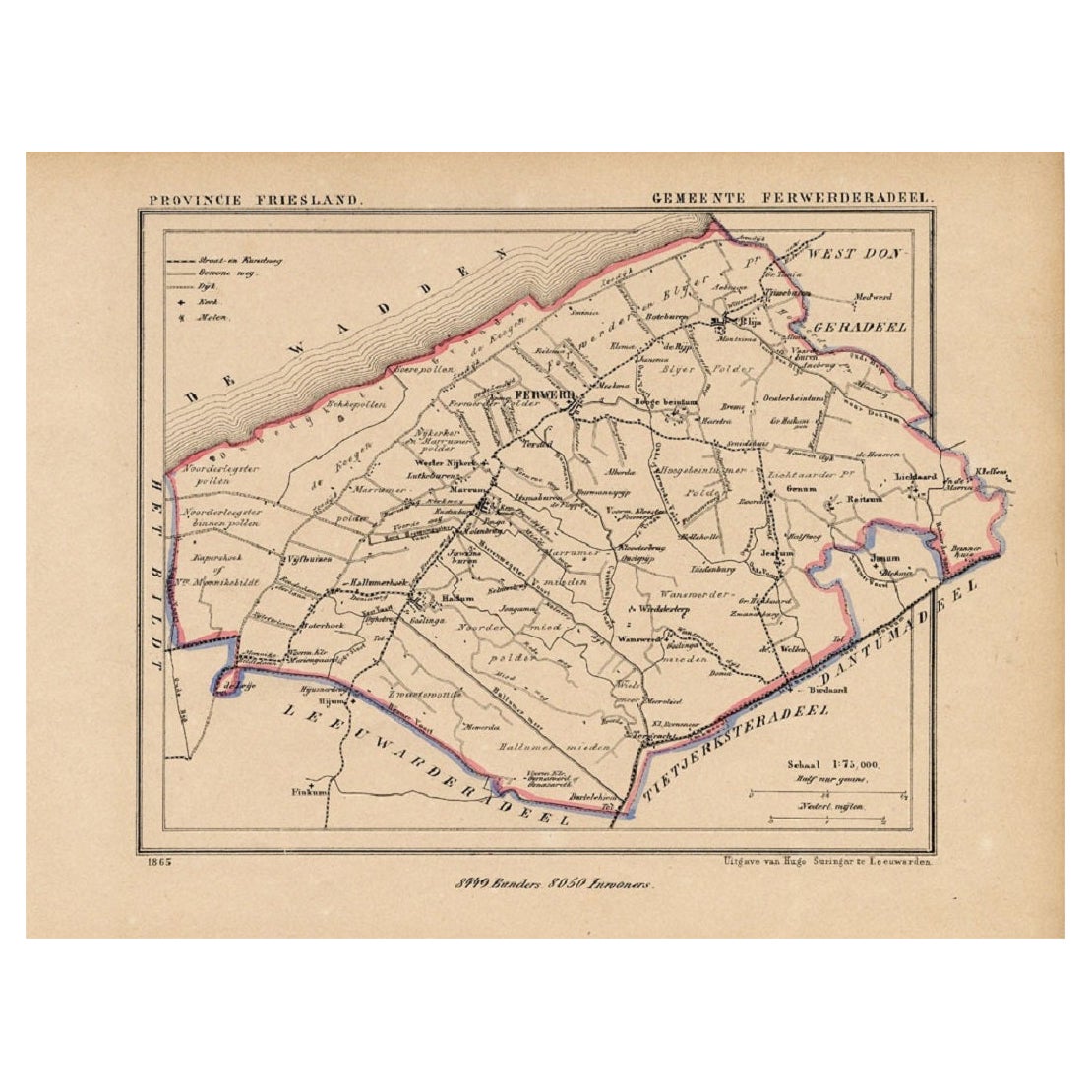 Carte ancienne du comté de Ferwerderadeel, Friesland, Pays-Bas, 1868