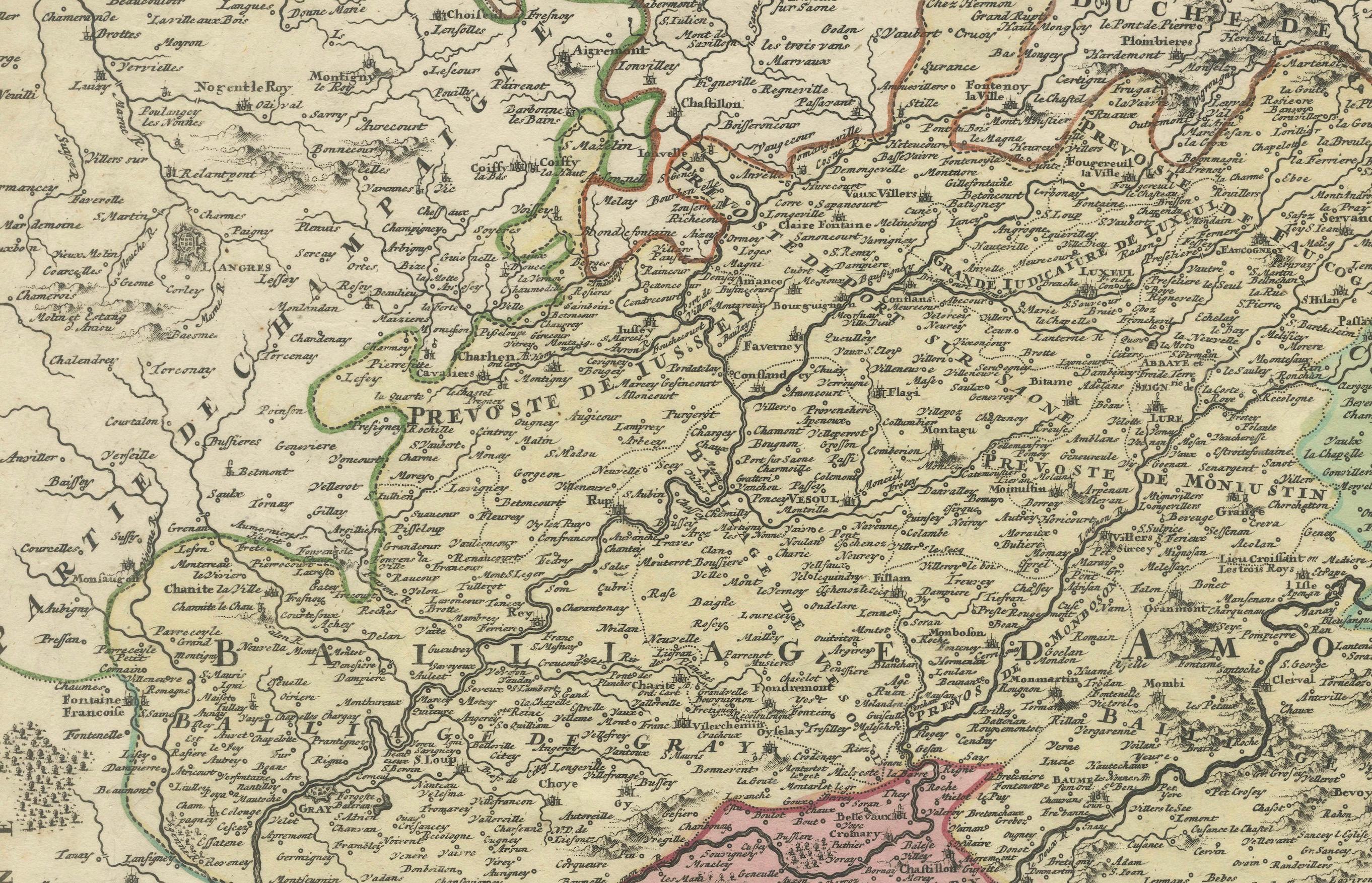 Antike Karte der Grafschaft Burgund von Johann Baptist Homann circa 1710 Handkoloriert  

Diese fein detaillierte antike Karte mit dem Titel Comitatus Burgundia zeigt die historische Region der Grafschaft Burgund, auch bekannt als Franche-Comté, im