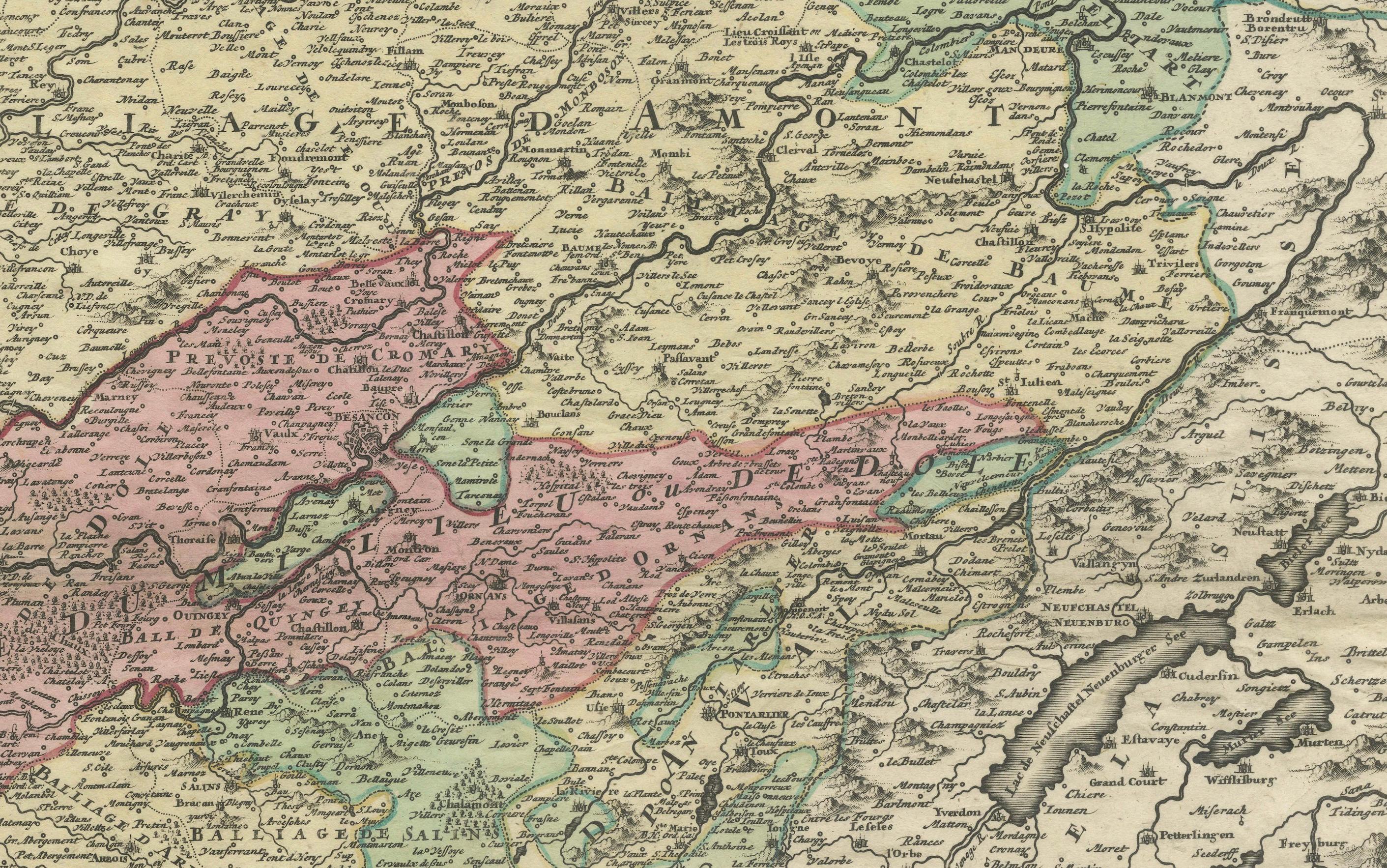 Antike Karte der County von Burgund von Johann Baptist Homann um 1710 (Frühes 18. Jahrhundert) im Angebot