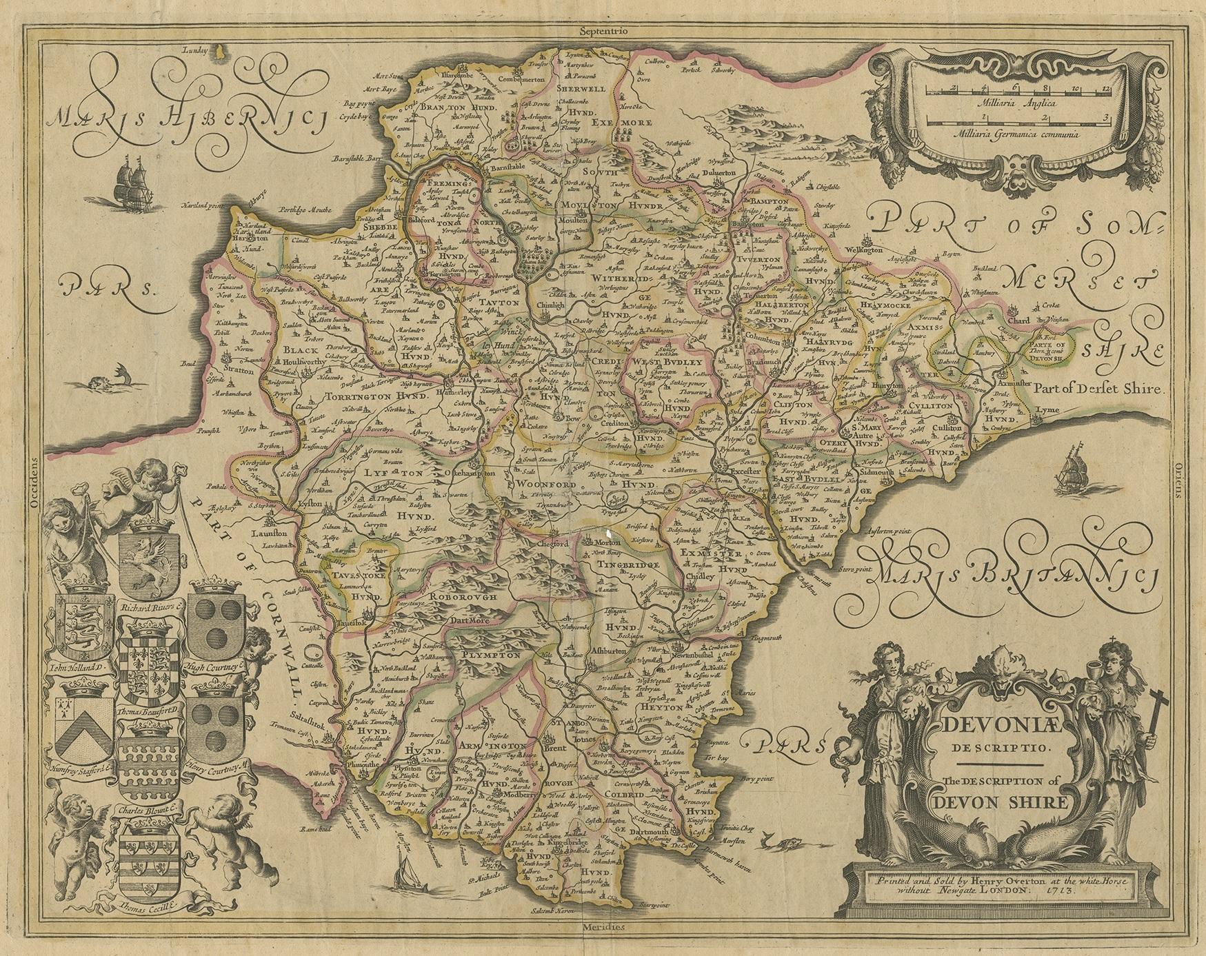 Antique map titled 'Devoniae Descriptio - The Description of Devon Shire'. Map of the county of Devon, England. This map originates from the 1713 edition of the 'Overton Atlas'. Henry Overton only revised the Devon map for this edition, replacing