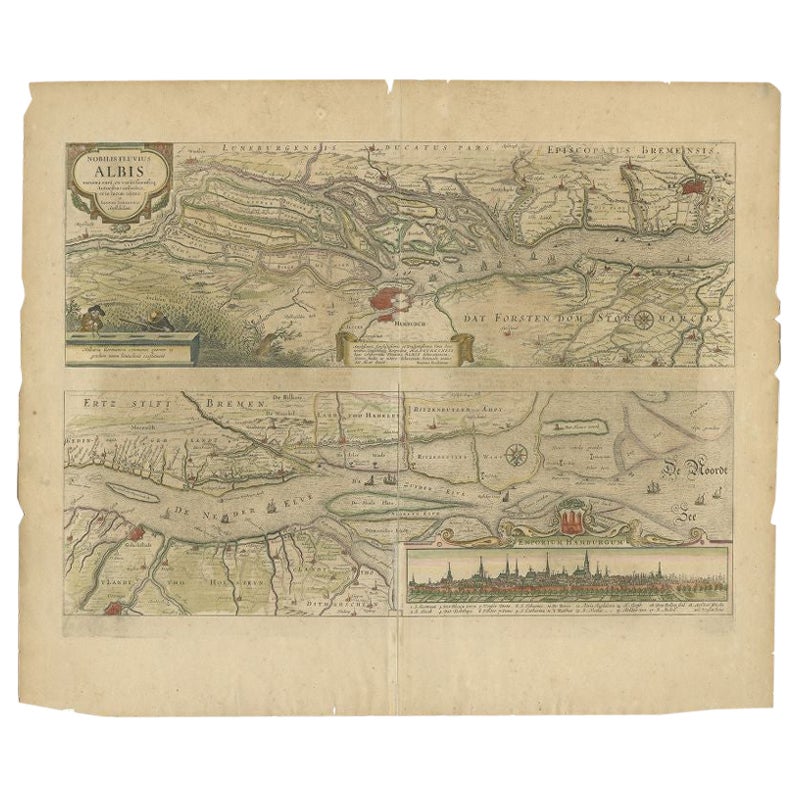 Carta antica del corso del fiume Elba di Janssonius, 1650 ca. in vendita