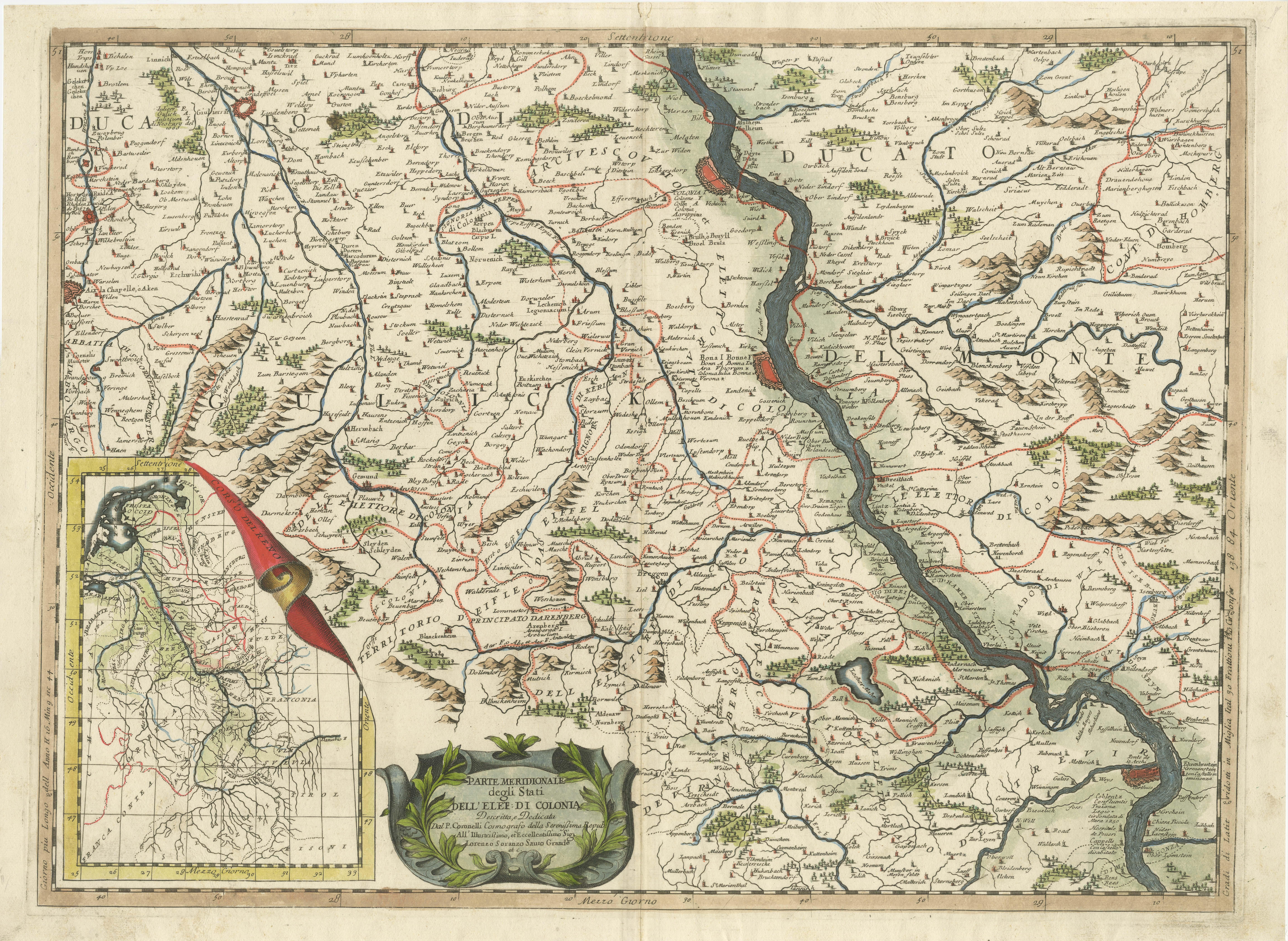 Antique map titled 'Parte meridionale degli Stati dell 'Elet di Colonia'. This map shows the course of the Rhine from Lahnstein to Rheinkassel and the area west to Aachen, Germany. With inset map of the course of the Rhine. Published by V.