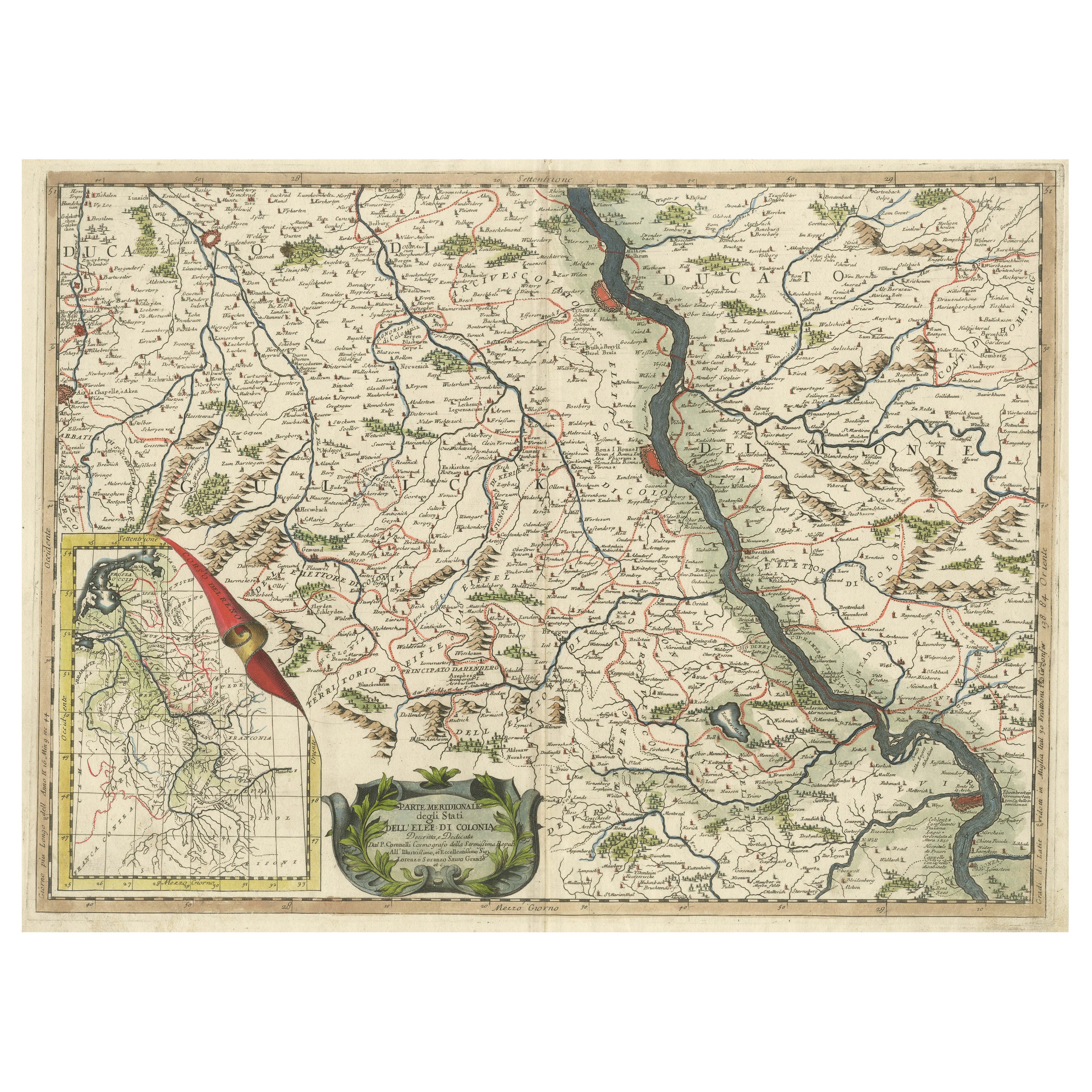Mapa antiguo del curso del Rin desde Lahnstein hasta Rheinkassel, Alemania