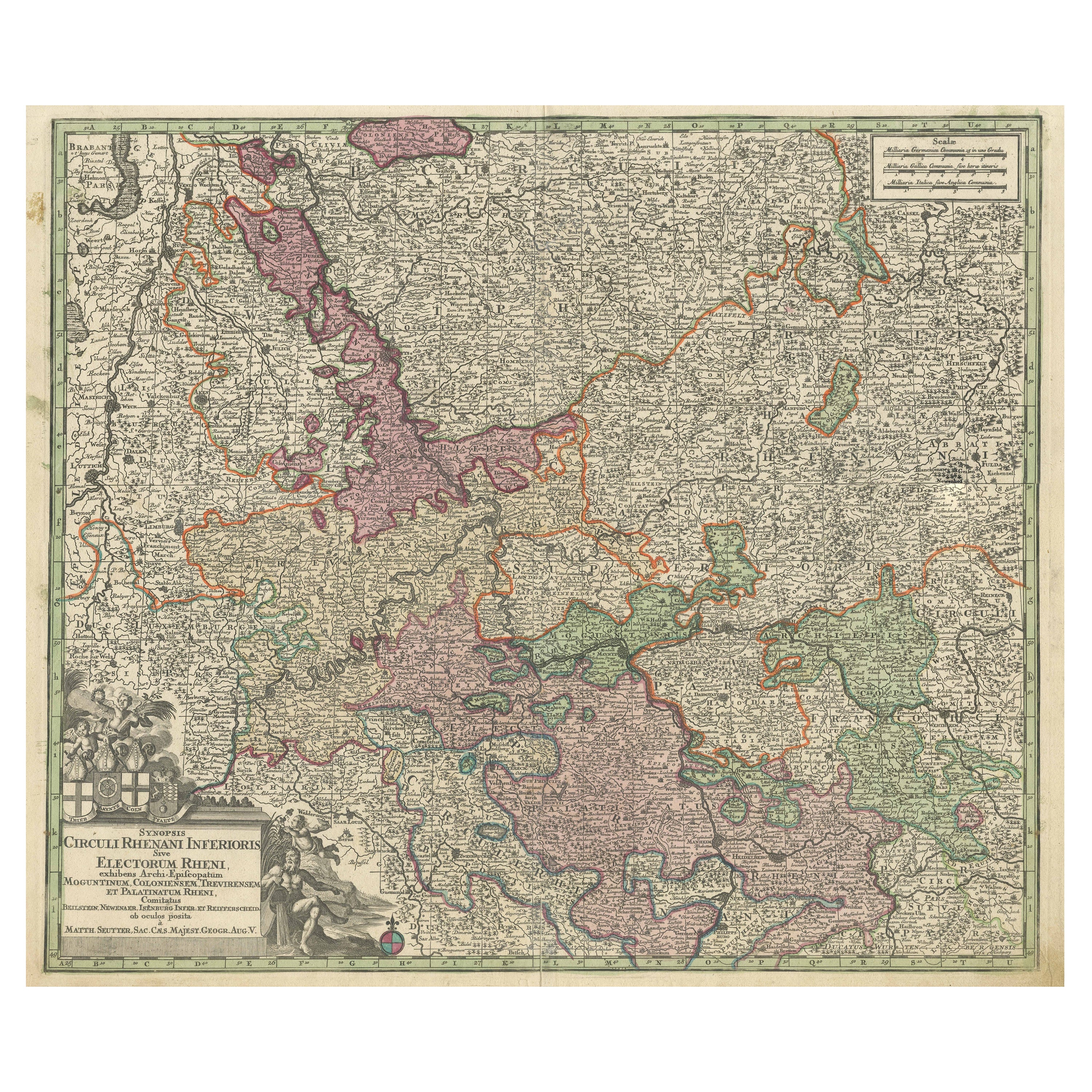 Carta geografica antica del corso del Reno da Philippsburg a Duisburg, Germania