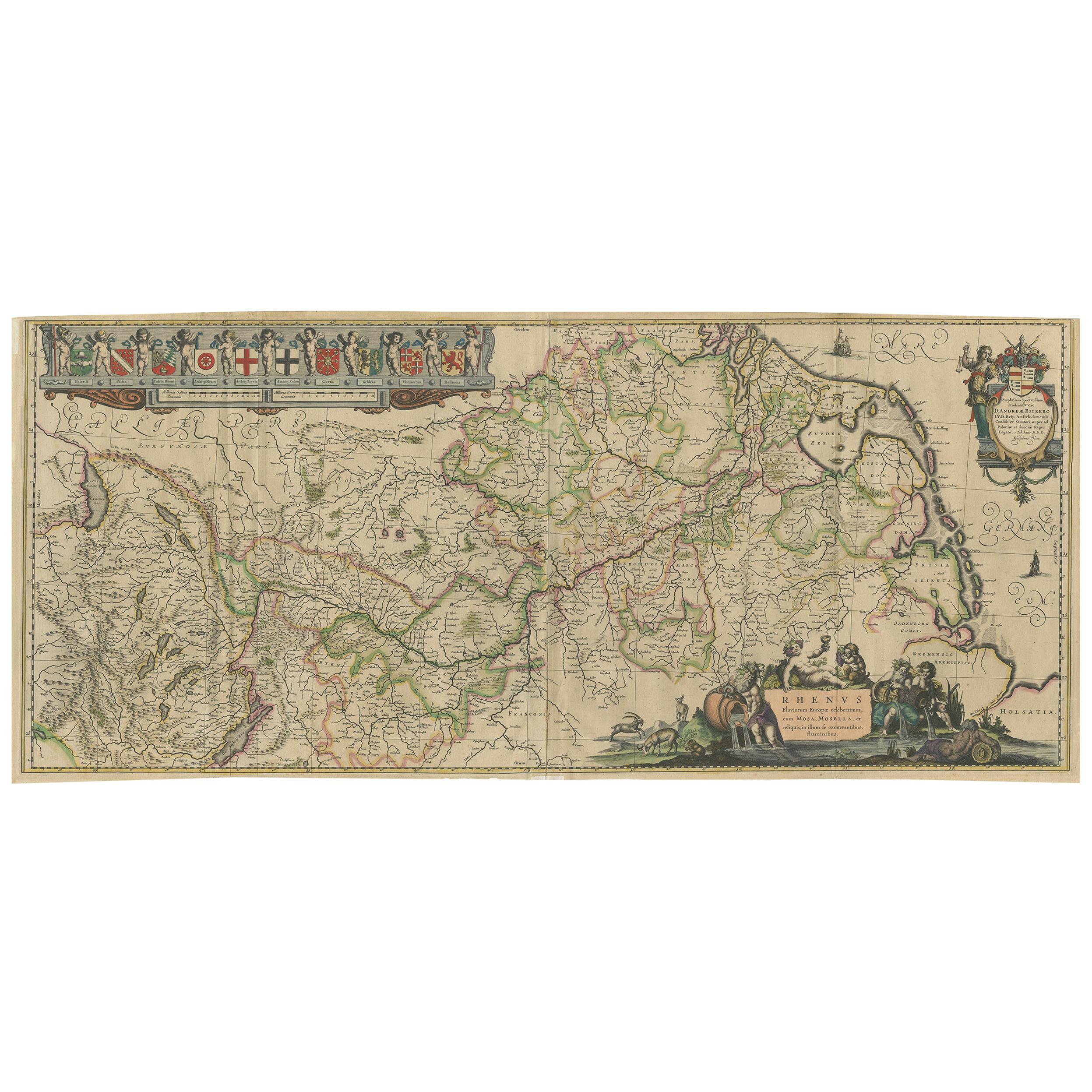 Carte ancienne du cours du Rhin par Blaeu, datant d'environ 1640 en vente