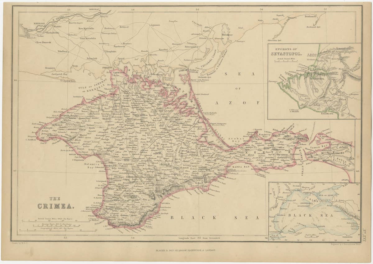 Antique Map of the Crimean Peninsula and Sevastopol by W. G. Blackie, 1859