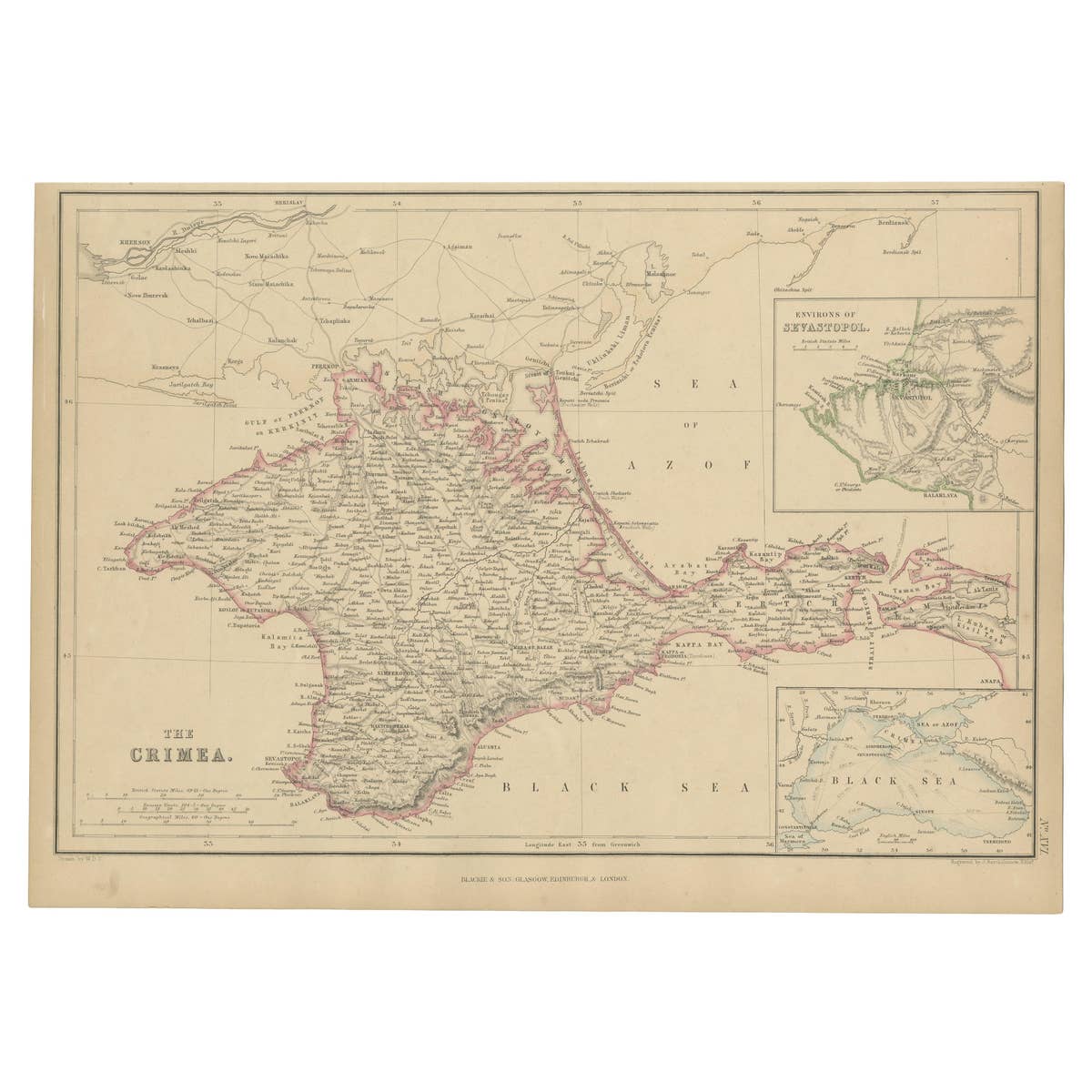Antique Map of the Crimean Peninsula and Sevastopol by W. G. Blackie, 1859