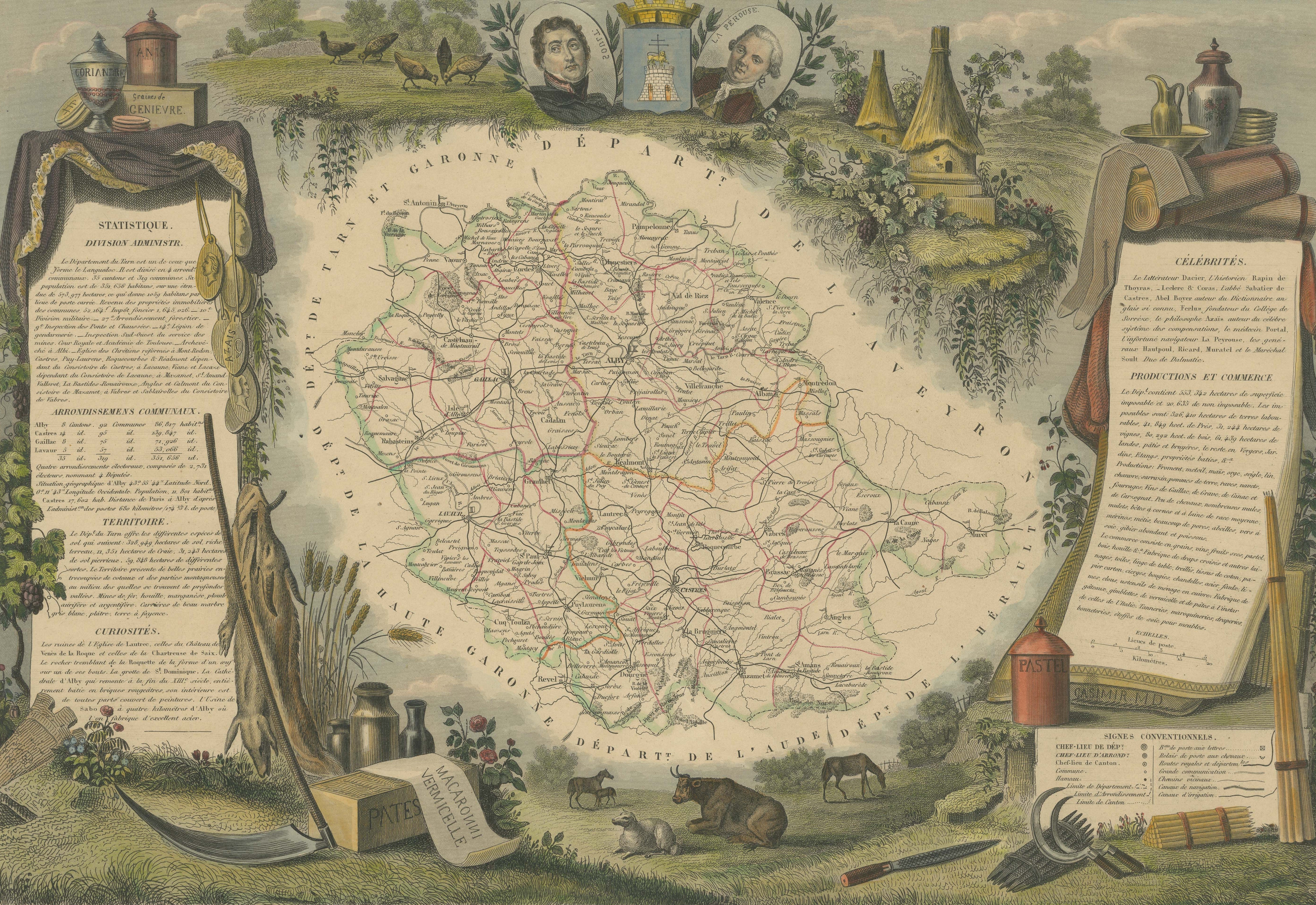Antique map titled 'Dépt Du Tarn'. Map of the French department of Du tarn, France. 

This area produces a variety of traditional wines, including Cahors, Mauzac, Loin de l’Oeil and Ondenc for the white varieties and Braucol, Duras and Prunelart