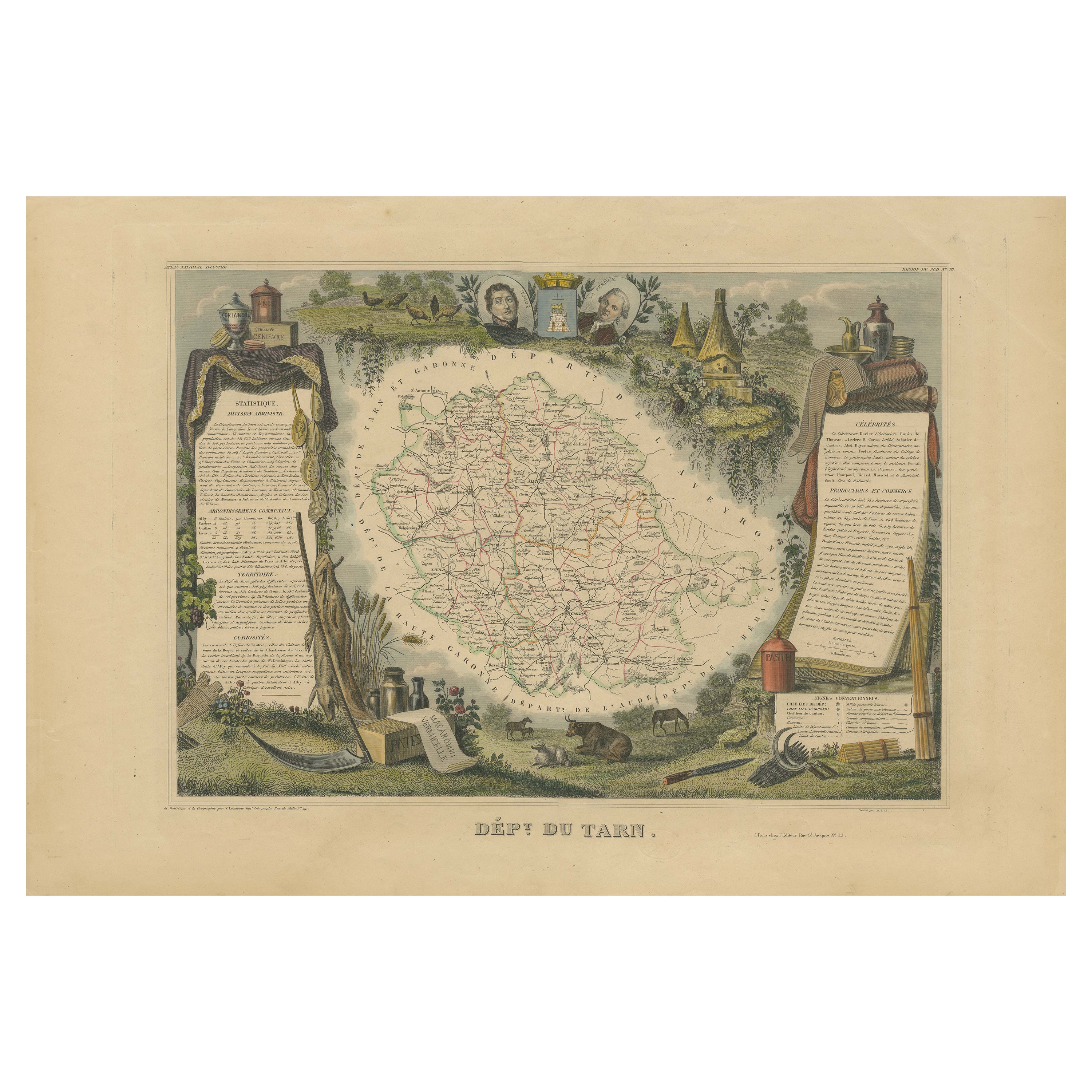 Carte ancienne du département de Tarn, « France » par V. Levasseur, vers 1852